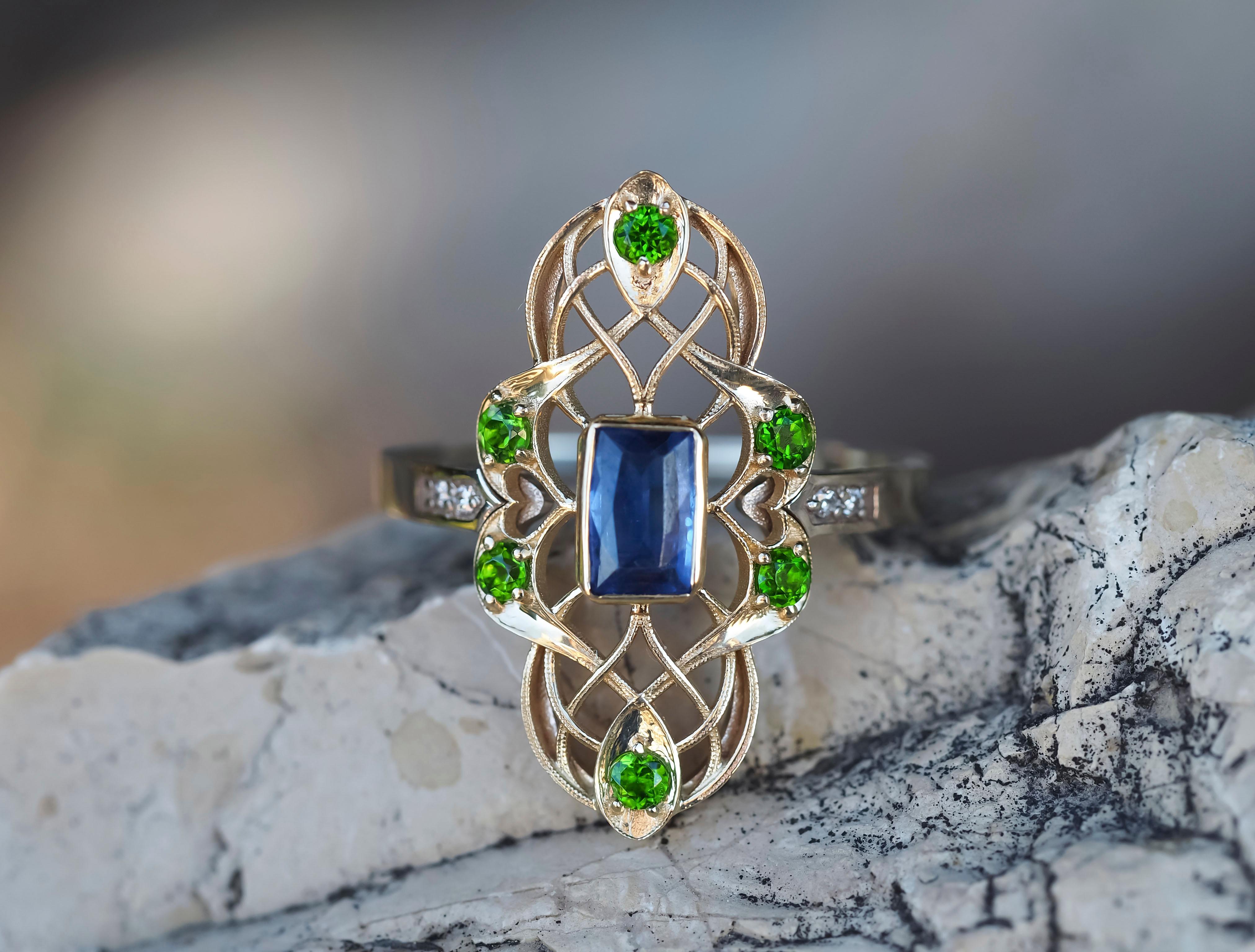 14k gold ring with Kyanite, Tsavorites. 
Royal blue kyanite ring. Antique/Art Deco Gold Ring. Vintage style ring. Statement kyanite ring.

Metal: 14k gold
Weight 2.75 gr. depends from size.

Gemstones (all are tested by proffesional
