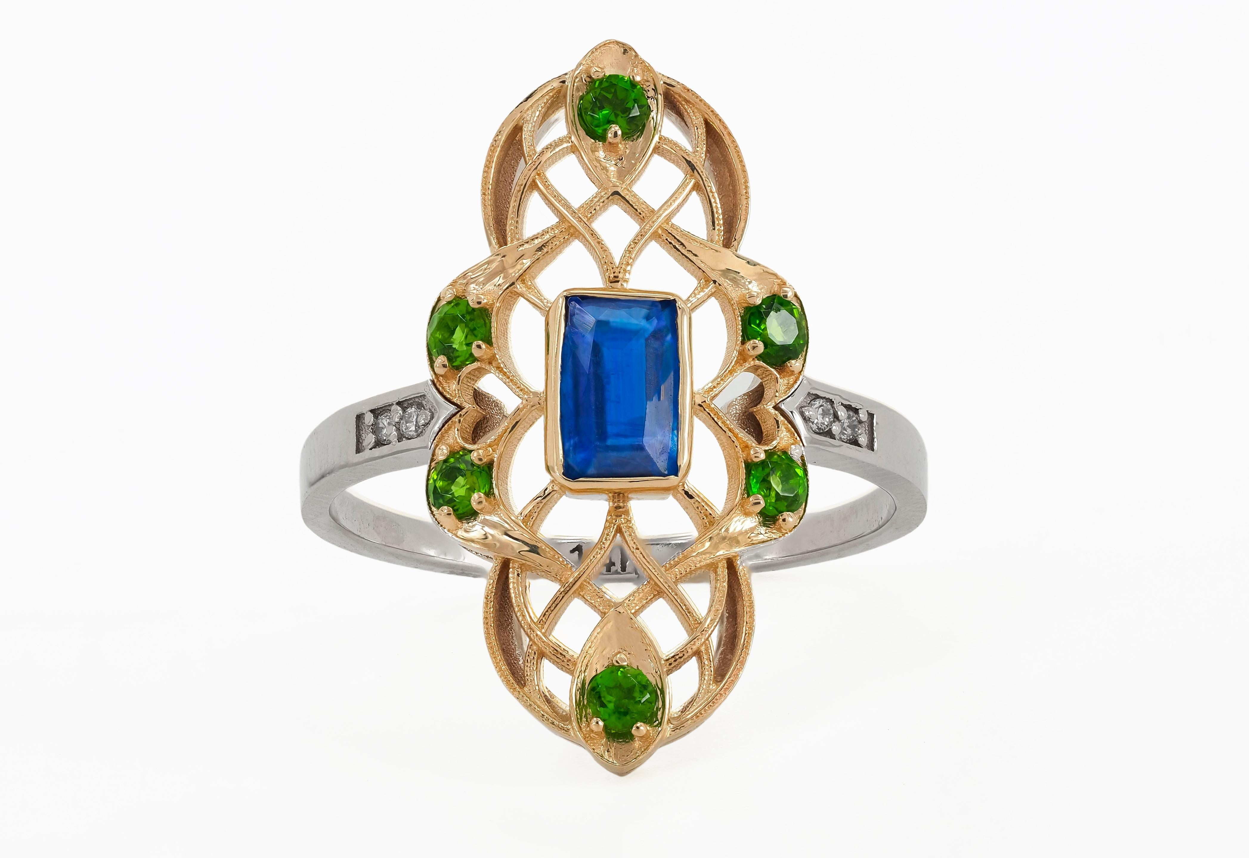 Octagon Cut 14k gold ring with Kyanite, Tsavorites.  For Sale