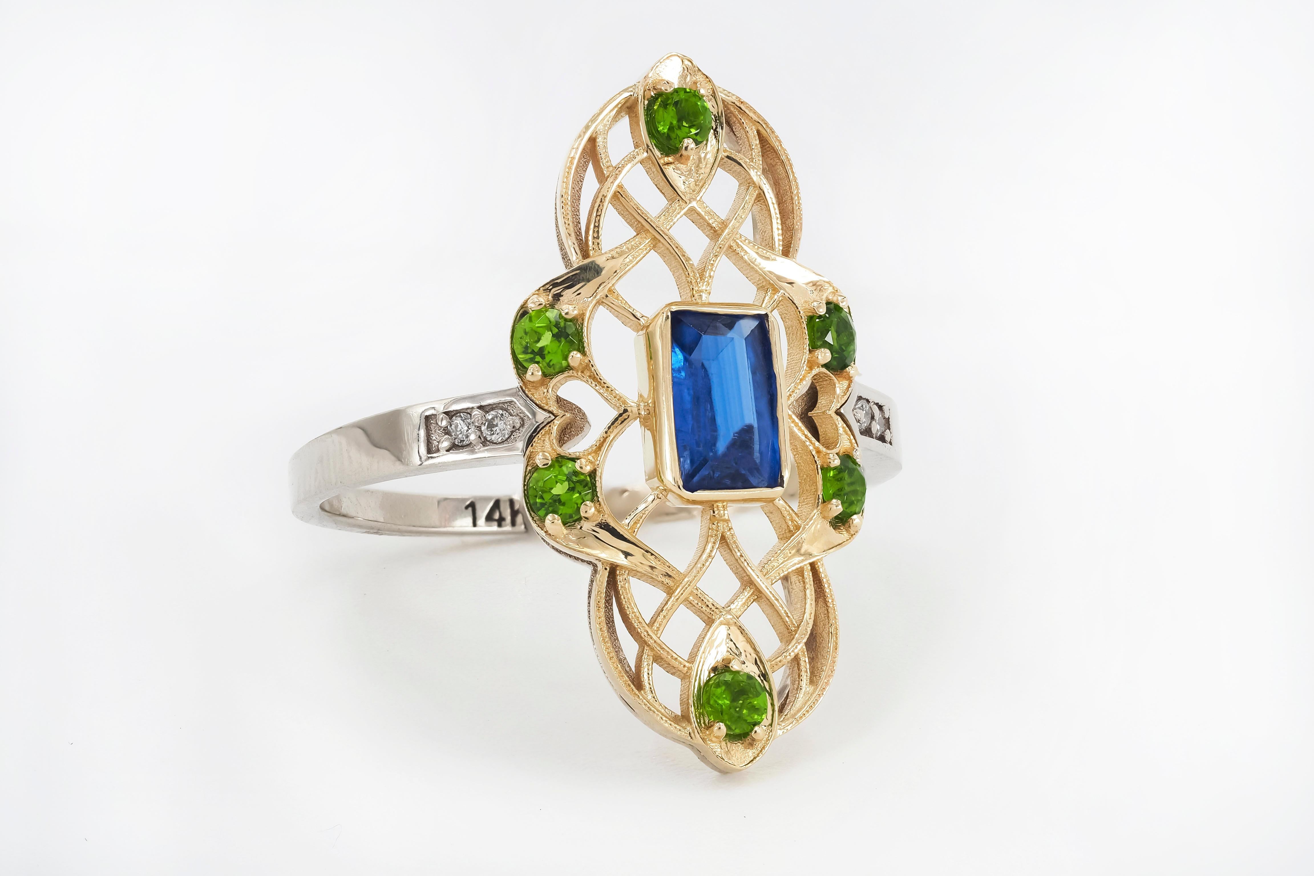 14k gold ring with Kyanite, Tsavorites.  In New Condition For Sale In Istanbul, TR