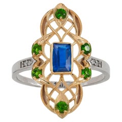 14k gold ring with Kyanite, Tsavorites. 