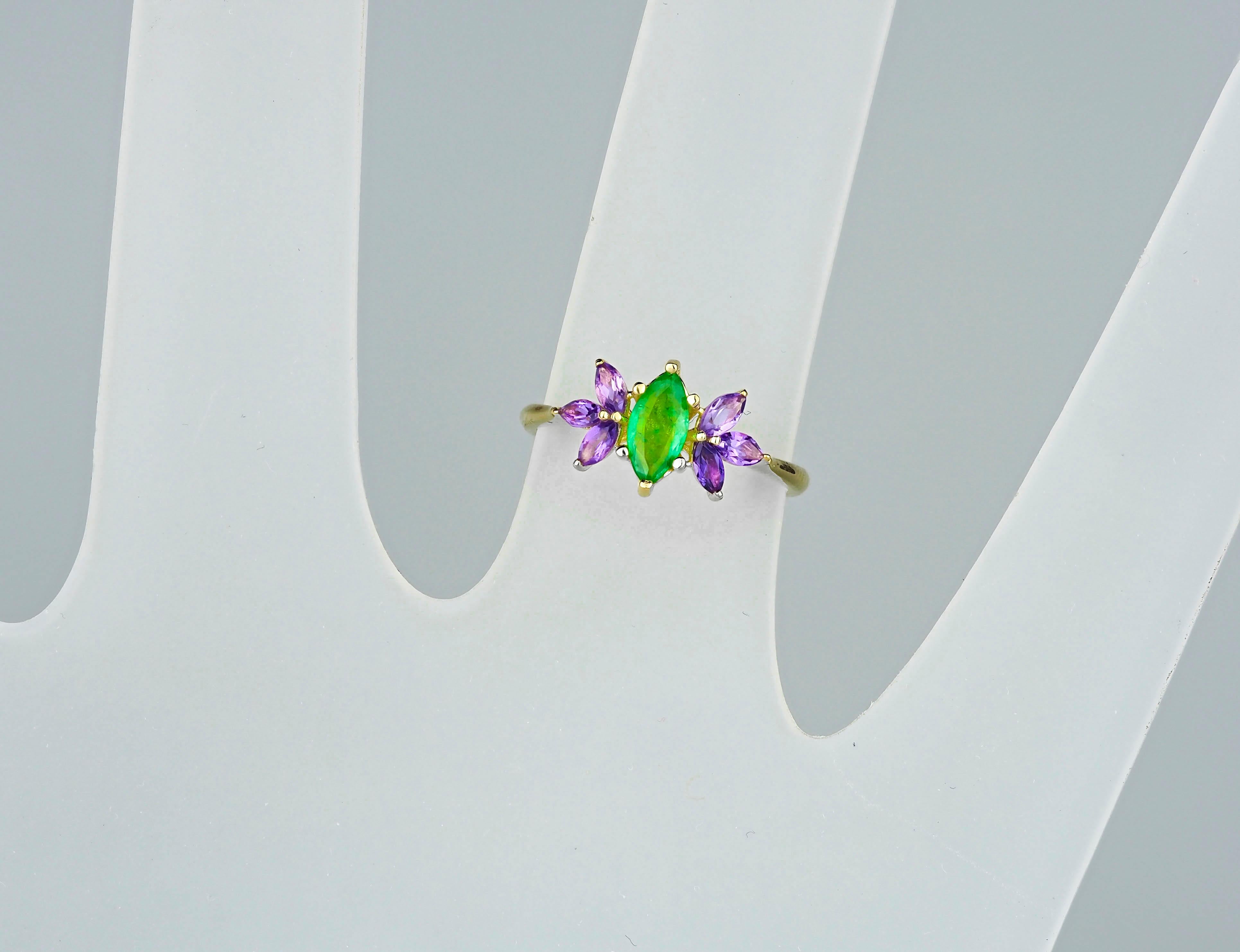 For Sale:  Emerald gold ring. 14k Gold Ring with Marquise Emerald and Amethysts.  10