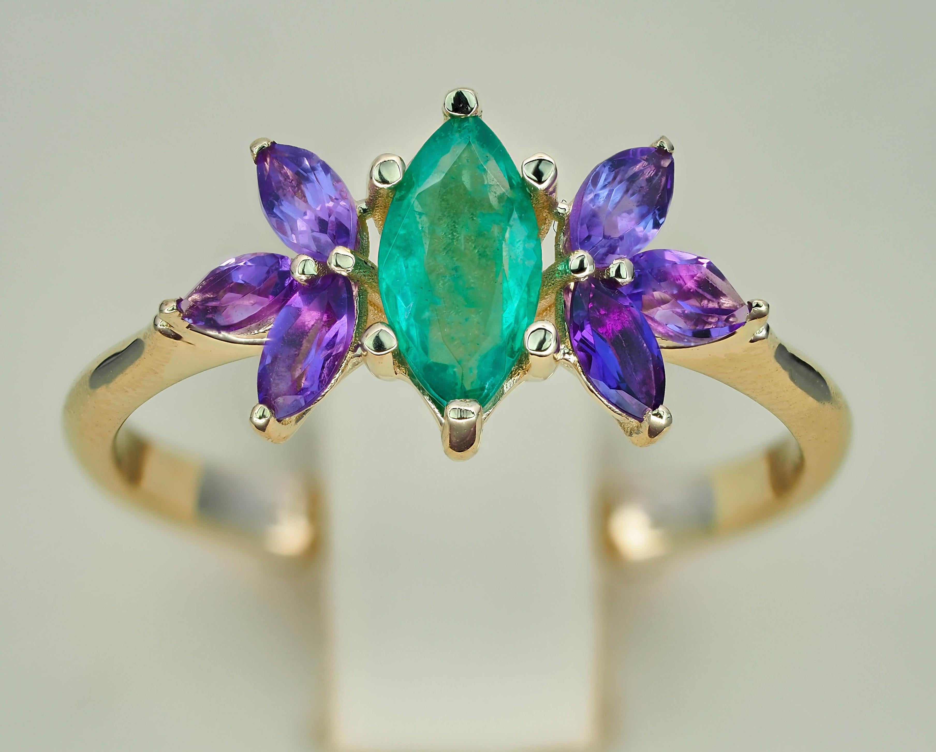 Im Angebot: Smaragd-Goldring. 14k Goldring mit Marquise-Smaragd und Amethyst. () 8