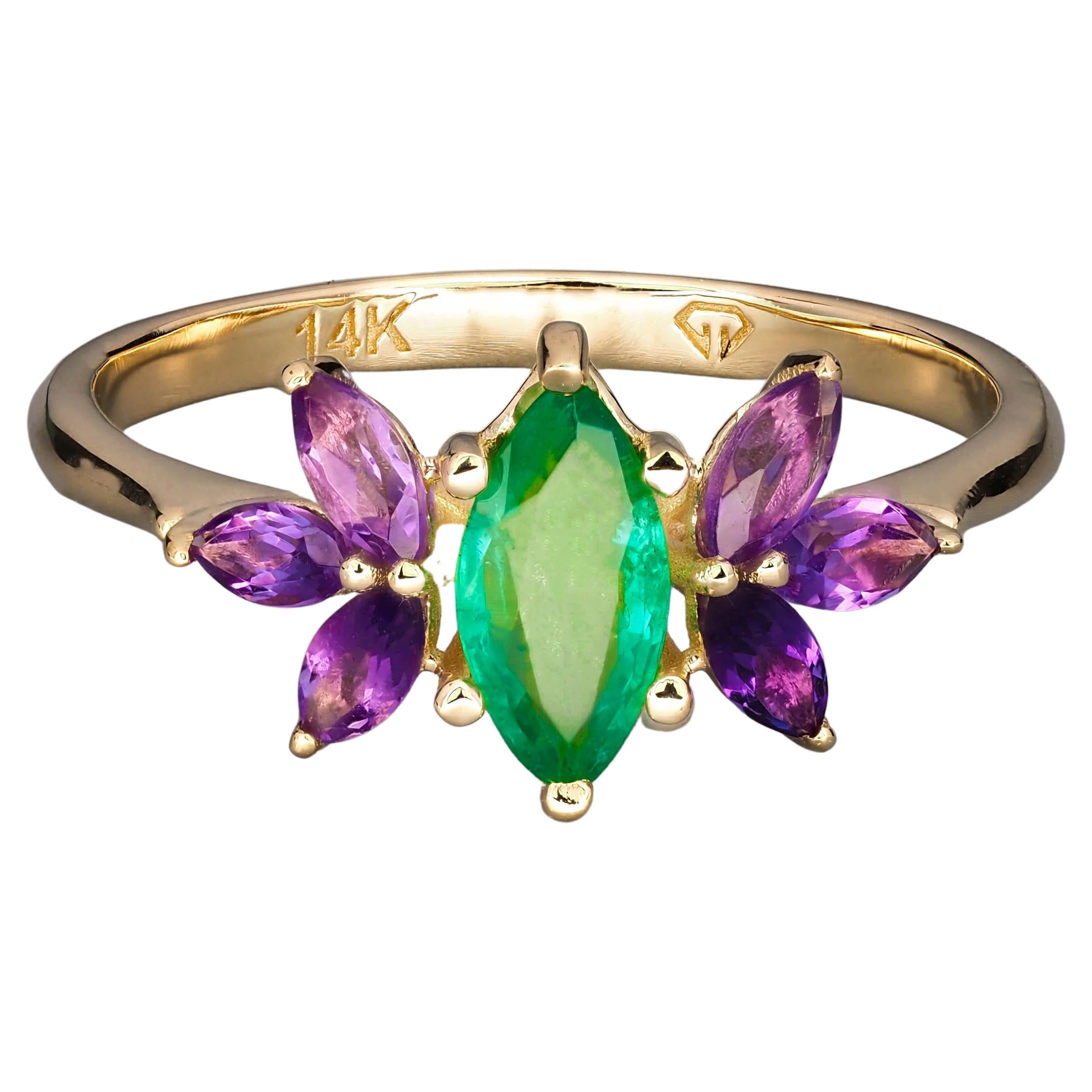 Emerald gold ring. 14k Gold Ring with Marquise Emerald and Amethysts. 
