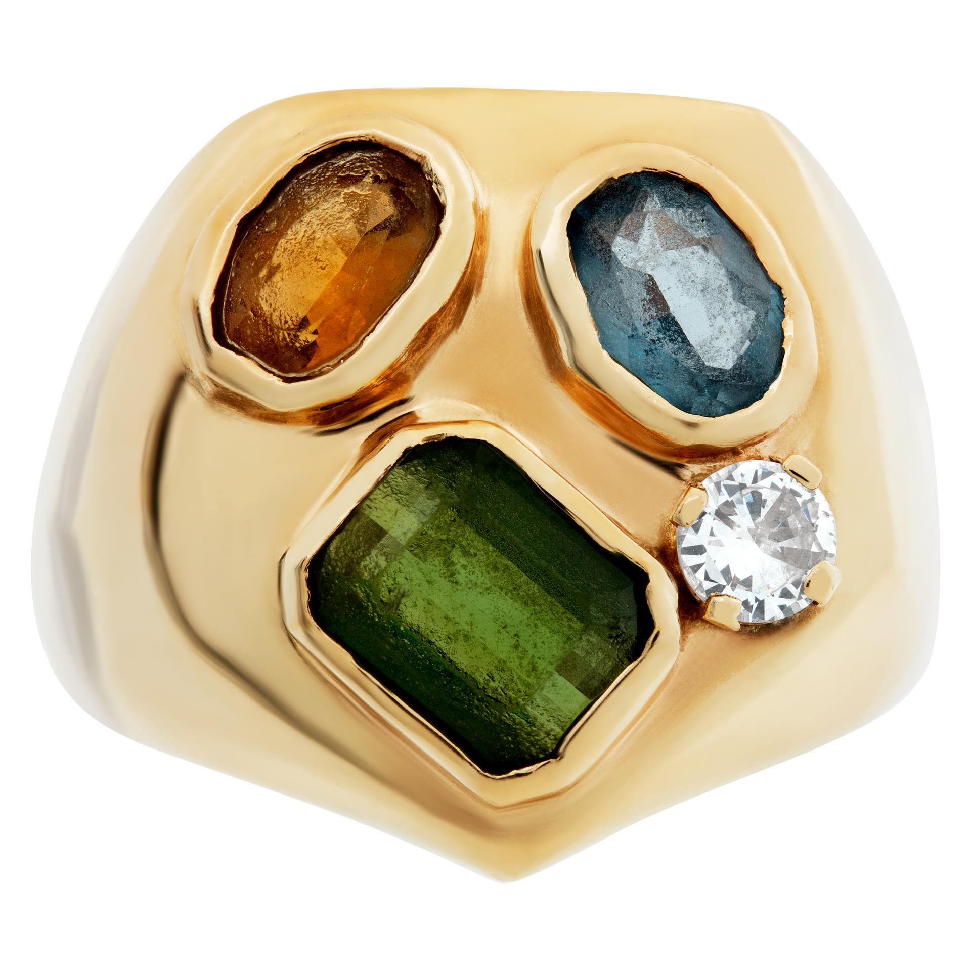 Mosaic of semi-precious gemstone ring: tourmeline, blue topaz, orange citrine & 0.25 carat diamond set in 14k yellow gold. Size 7.25, head measures 20mm x 20mm, shank 4mm.This ring is currently size 7.25 and some items can be sized up or down,