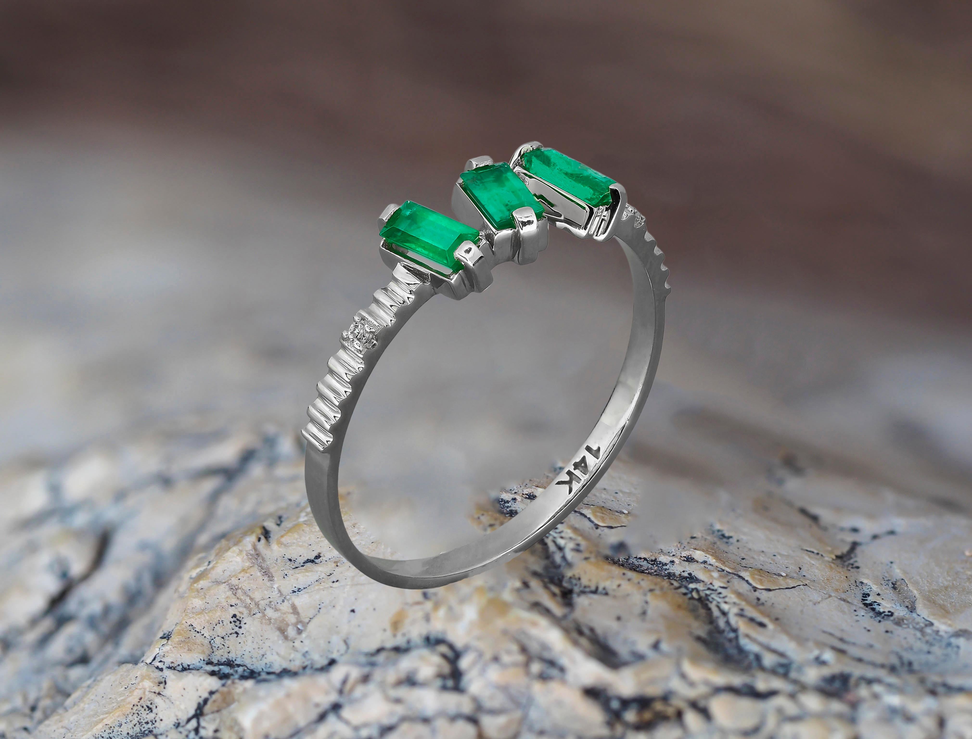 For Sale:  Baguette Emeralds and Diamonds 14k gold ring. 3 gemstone ring.  11