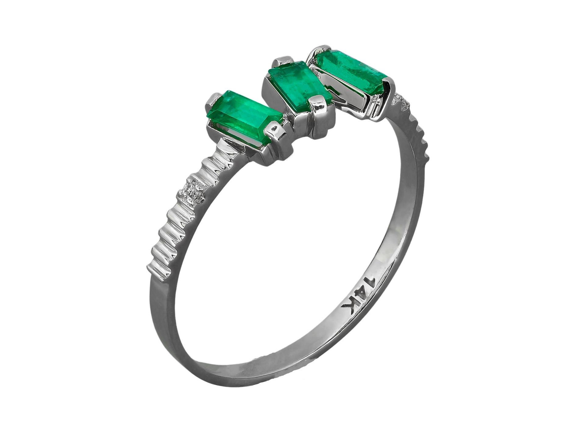 For Sale:  Baguette Emeralds and Diamonds 14k gold ring. 3 gemstone ring.  12