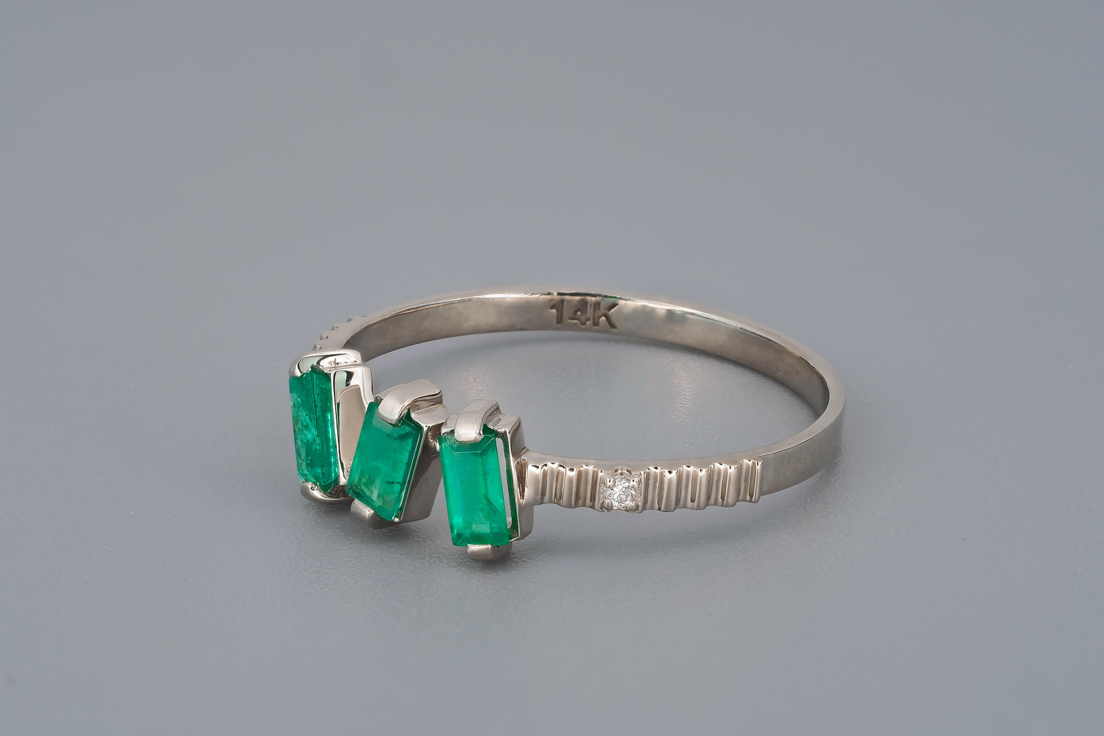 For Sale:  Baguette Emeralds and Diamonds 14k gold ring. 3 gemstone ring.  3
