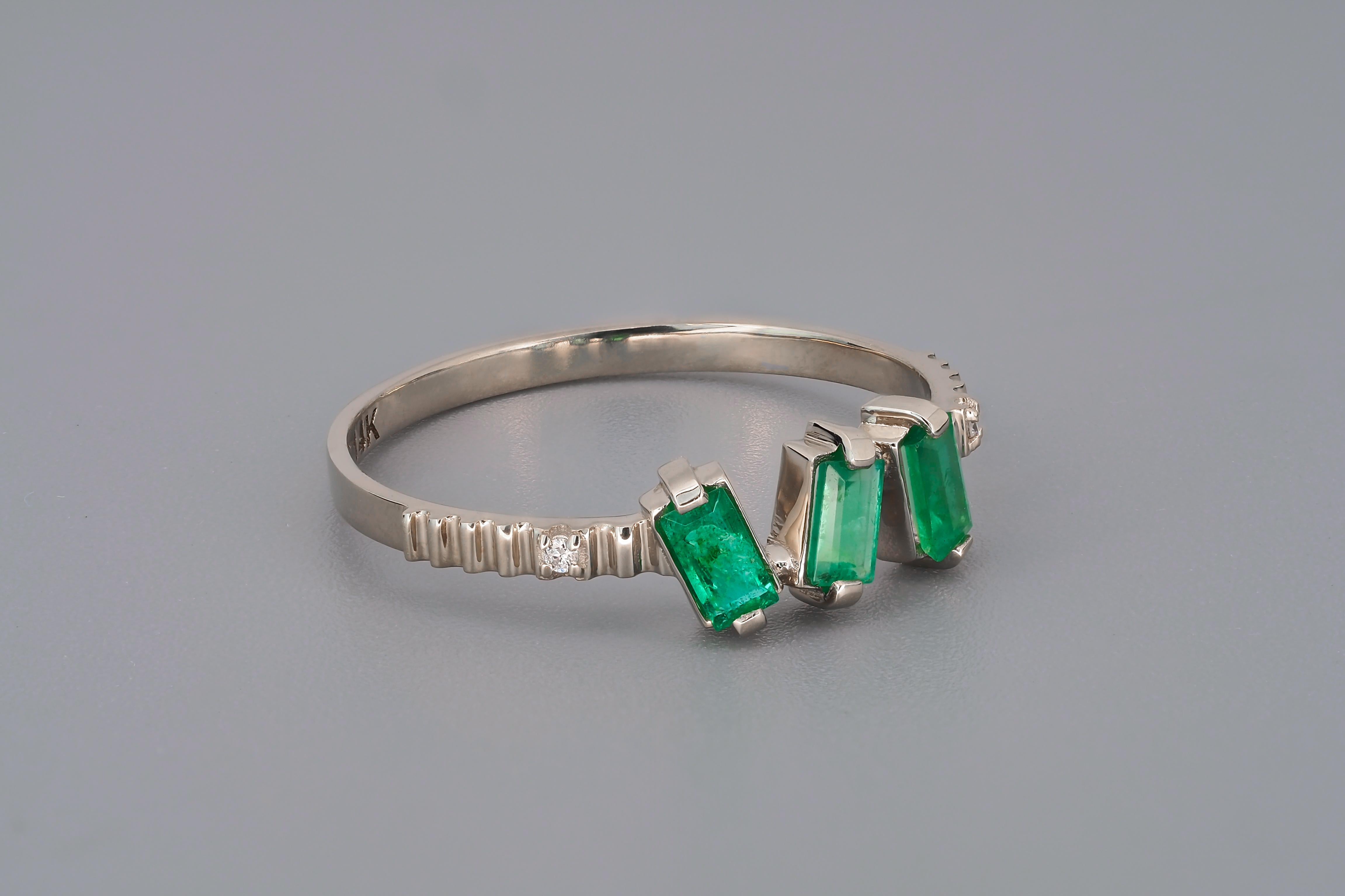 For Sale:  Baguette Emeralds and Diamonds 14k gold ring. 3 gemstone ring.  4