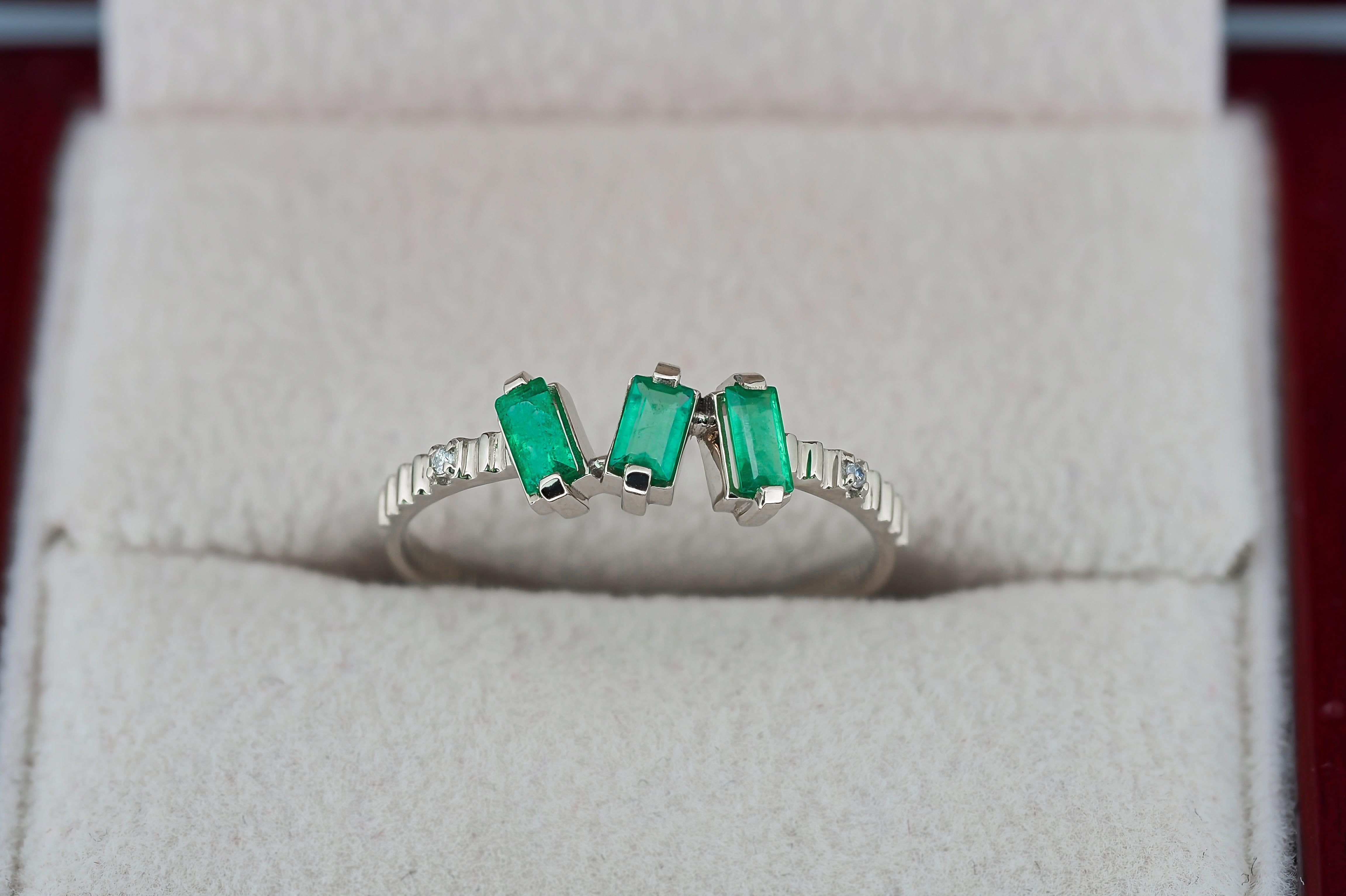 For Sale:  Baguette Emeralds and Diamonds 14k gold ring. 3 gemstone ring.  5
