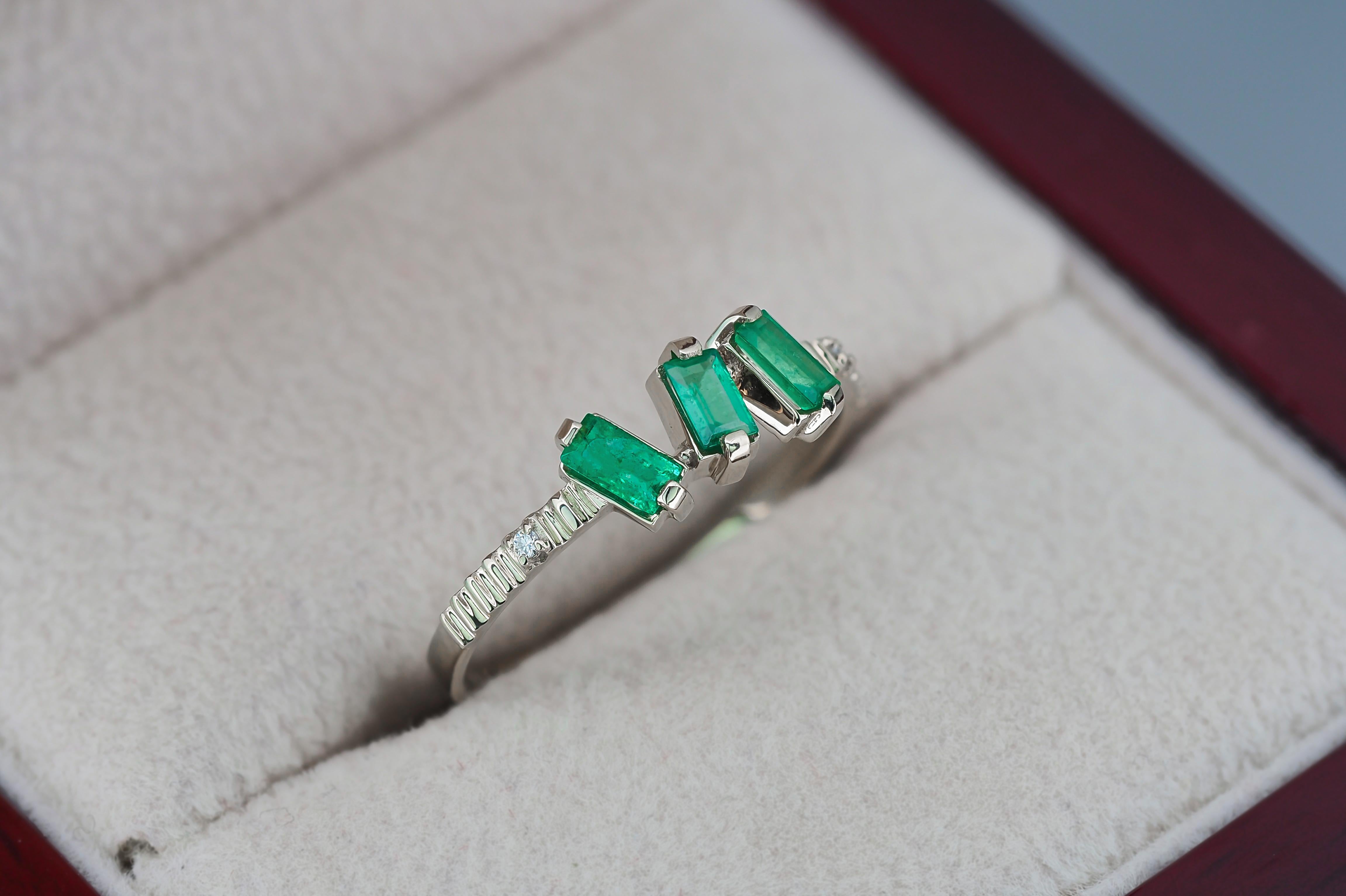 For Sale:  Baguette Emeralds and Diamonds 14k gold ring. 3 gemstone ring.  6