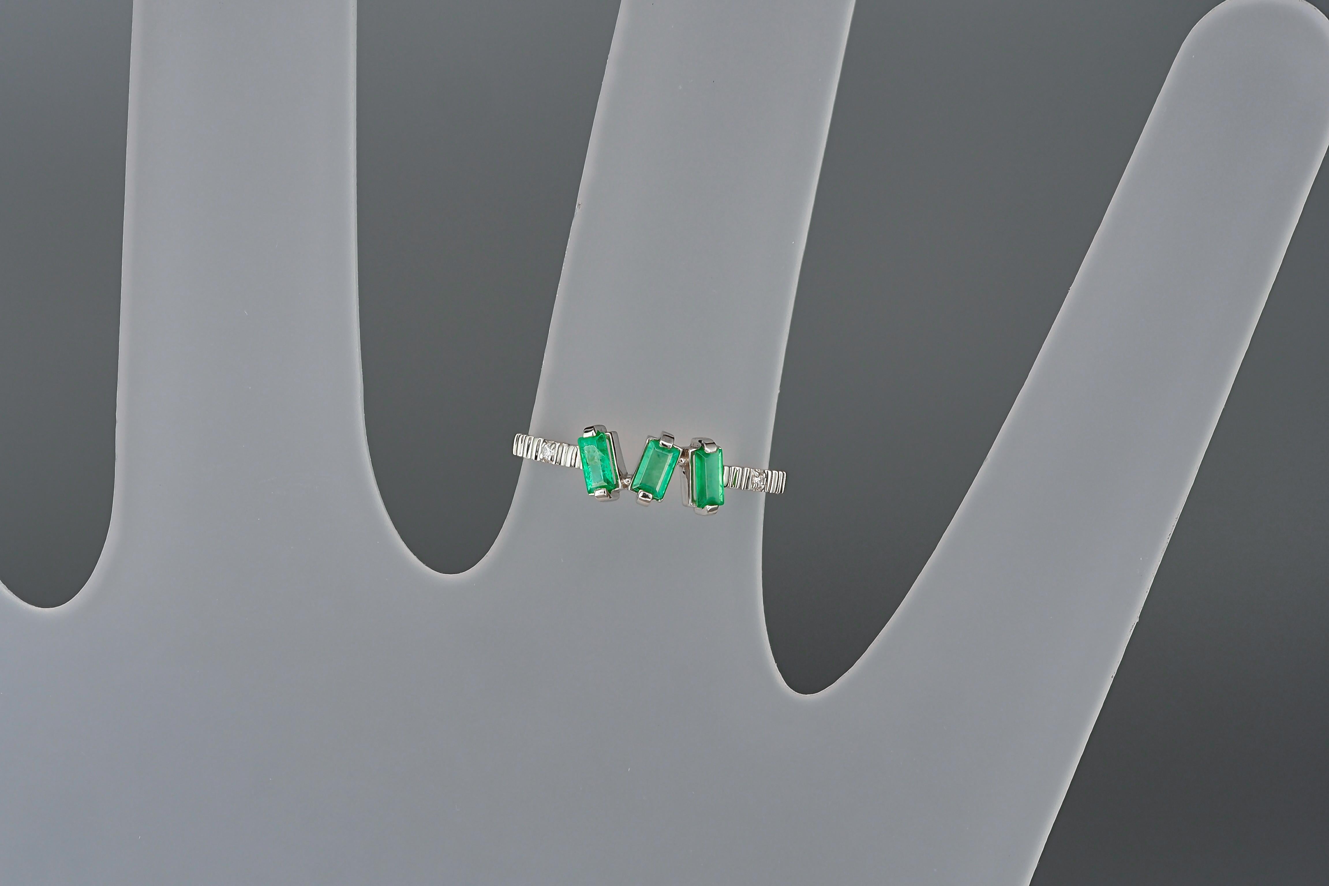 For Sale:  Baguette Emeralds and Diamonds 14k gold ring. 3 gemstone ring.  8