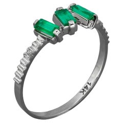 14k Gold Ring with Natural Baguette Emeralds and Diamonds