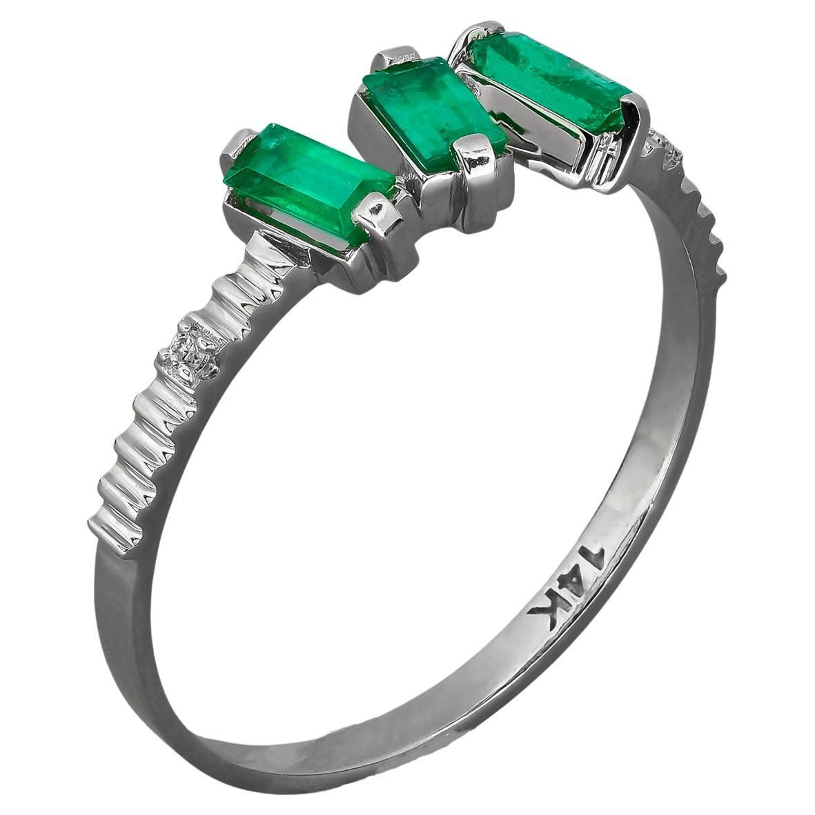Baguette Emeralds and Diamonds 14k gold ring. 3 gemstone ring. 