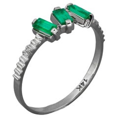 Baguette Emeralds and Diamonds 14k gold ring. 3 gemstone ring. 