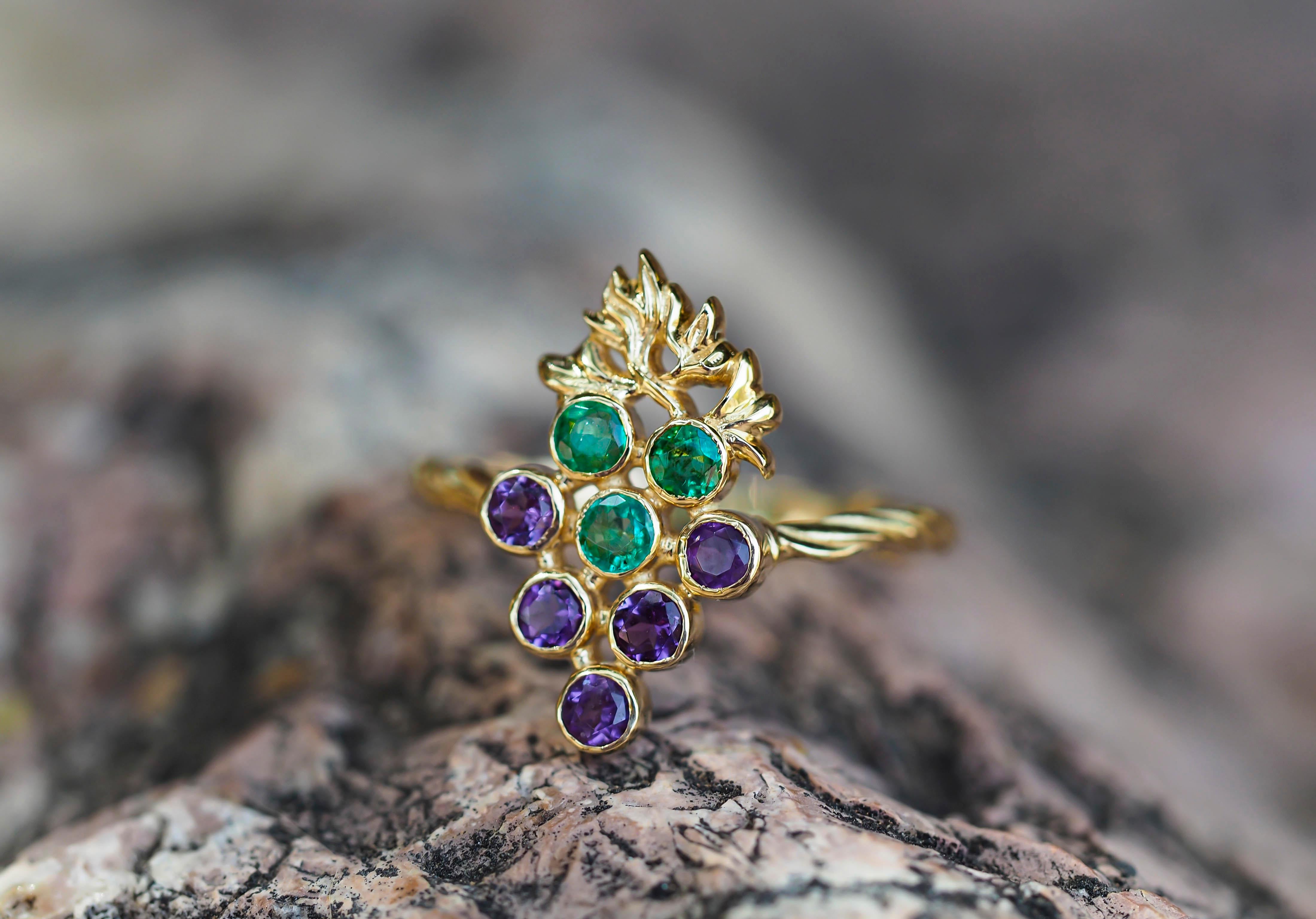 For Sale:  14k Gold Ring with Natural Emeralds and Amethysts. Grape gold ring. 10