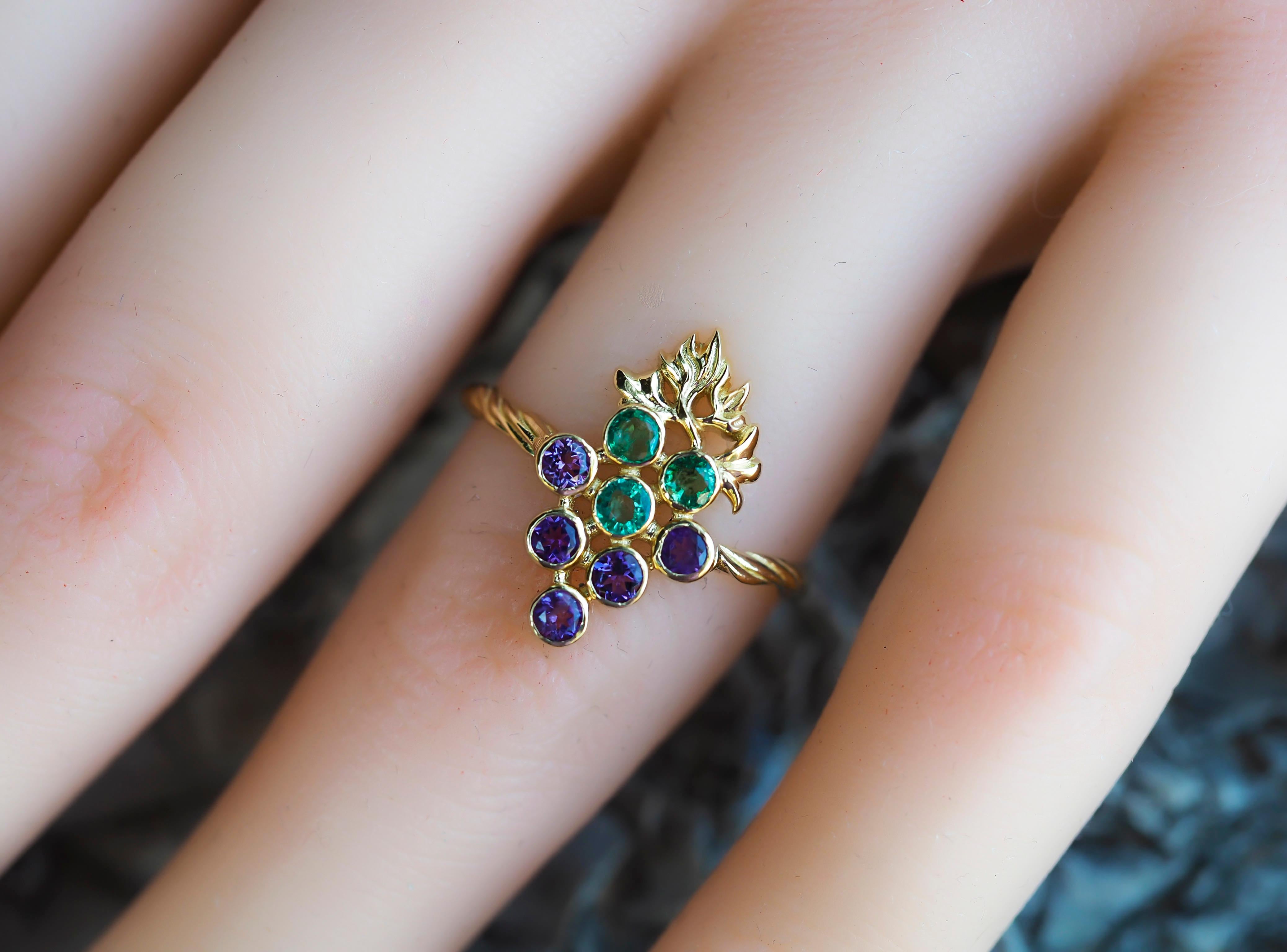 For Sale:  14k Gold Ring with Natural Emeralds and Amethysts. Grape gold ring. 11