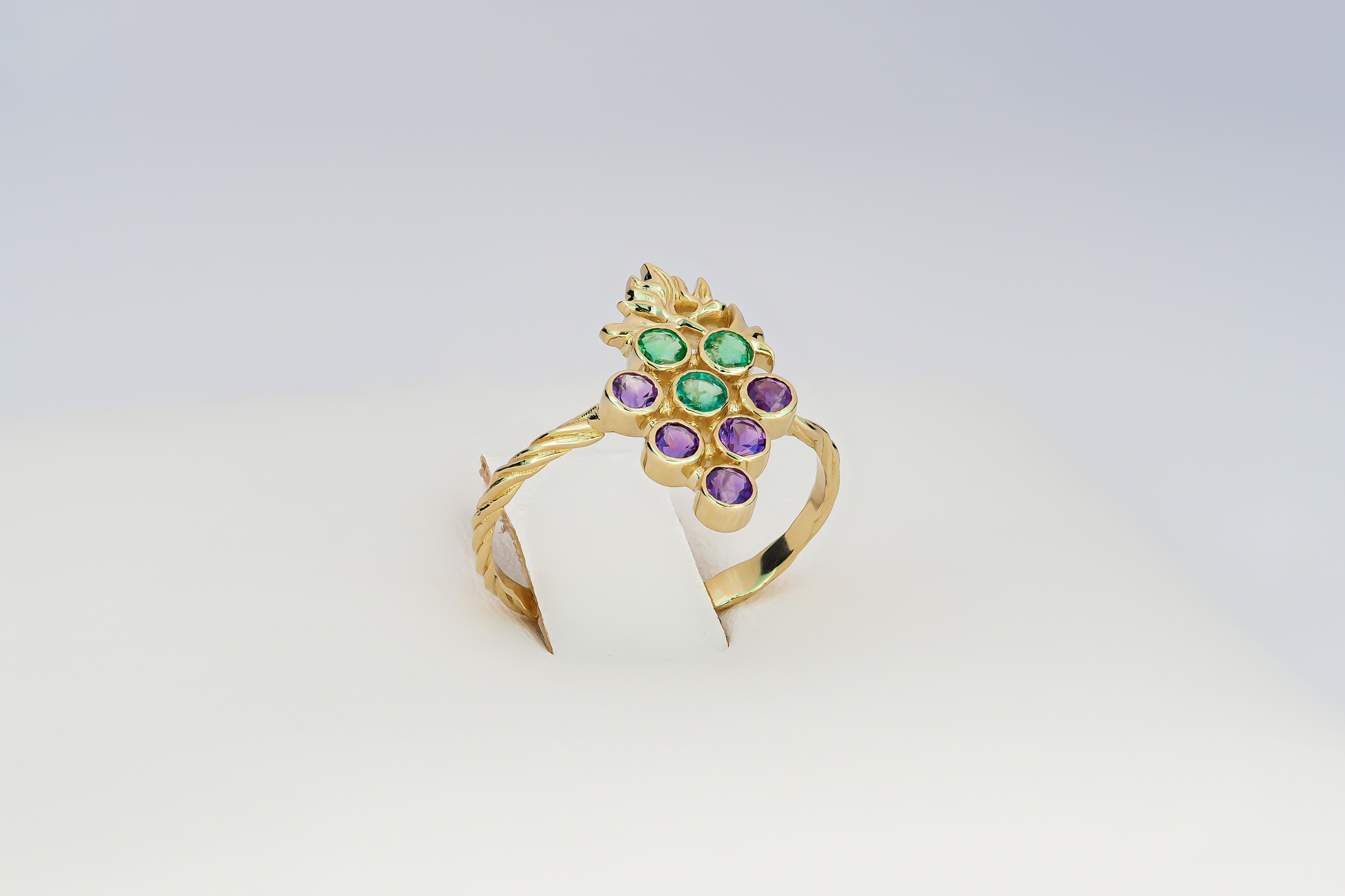 For Sale:  14k Gold Ring with Natural Emeralds and Amethysts. Grape gold ring. 5