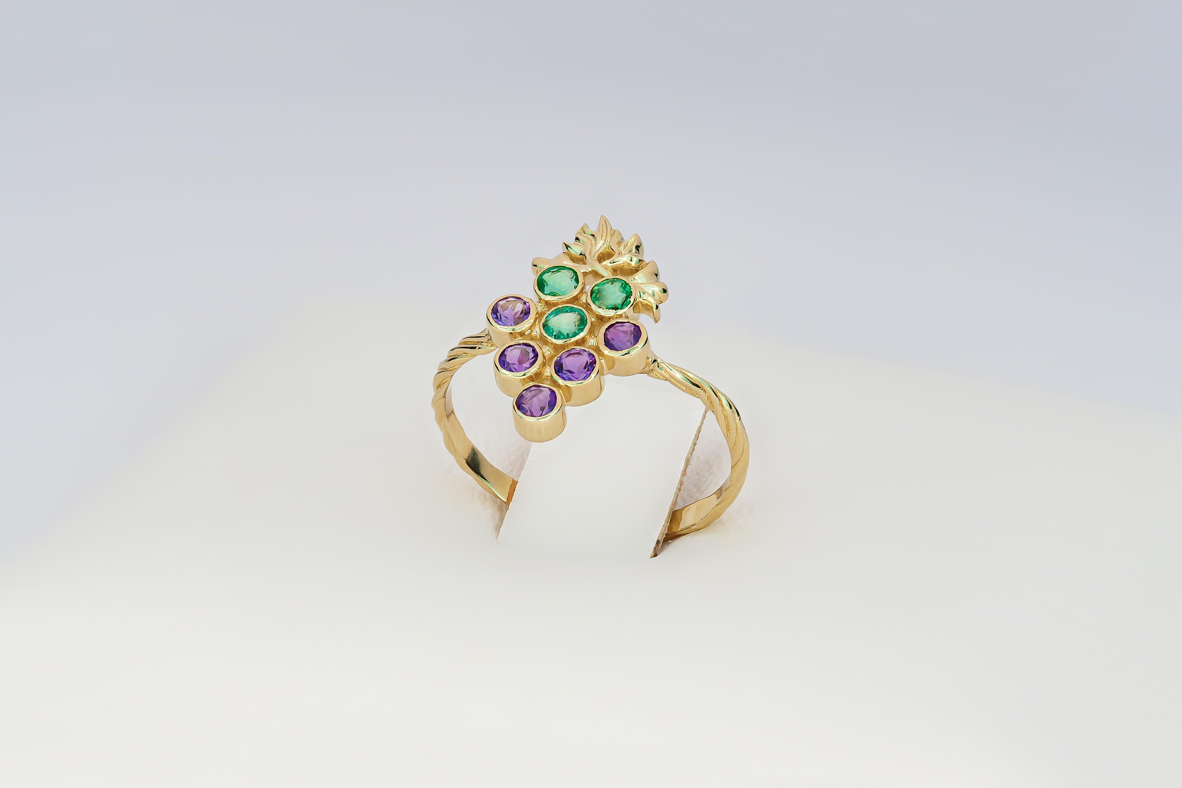 For Sale:  14k Gold Ring with Natural Emeralds and Amethysts. Grape gold ring. 6