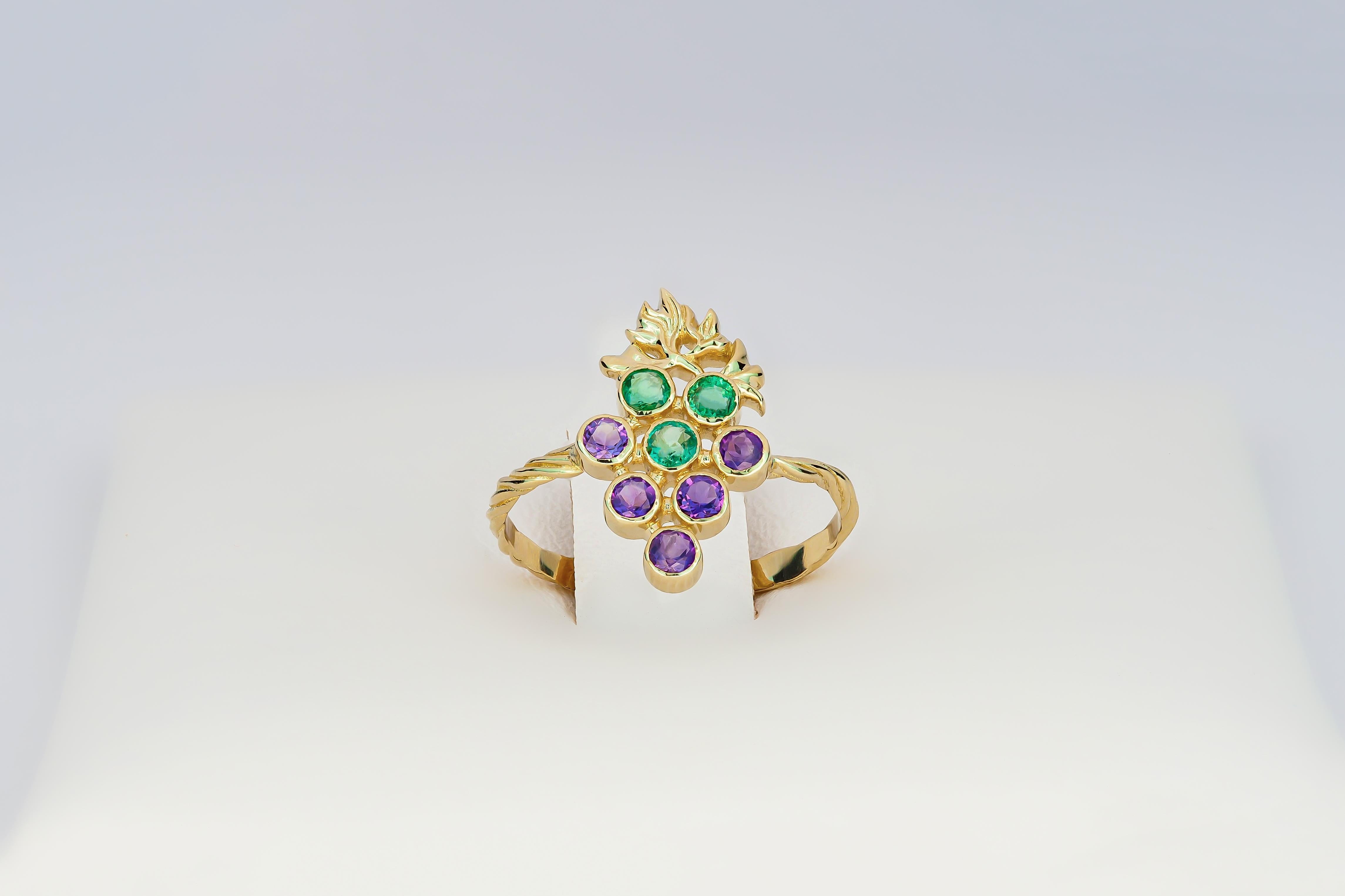 For Sale:  14k Gold Ring with Natural Emeralds and Amethysts. Grape gold ring. 7