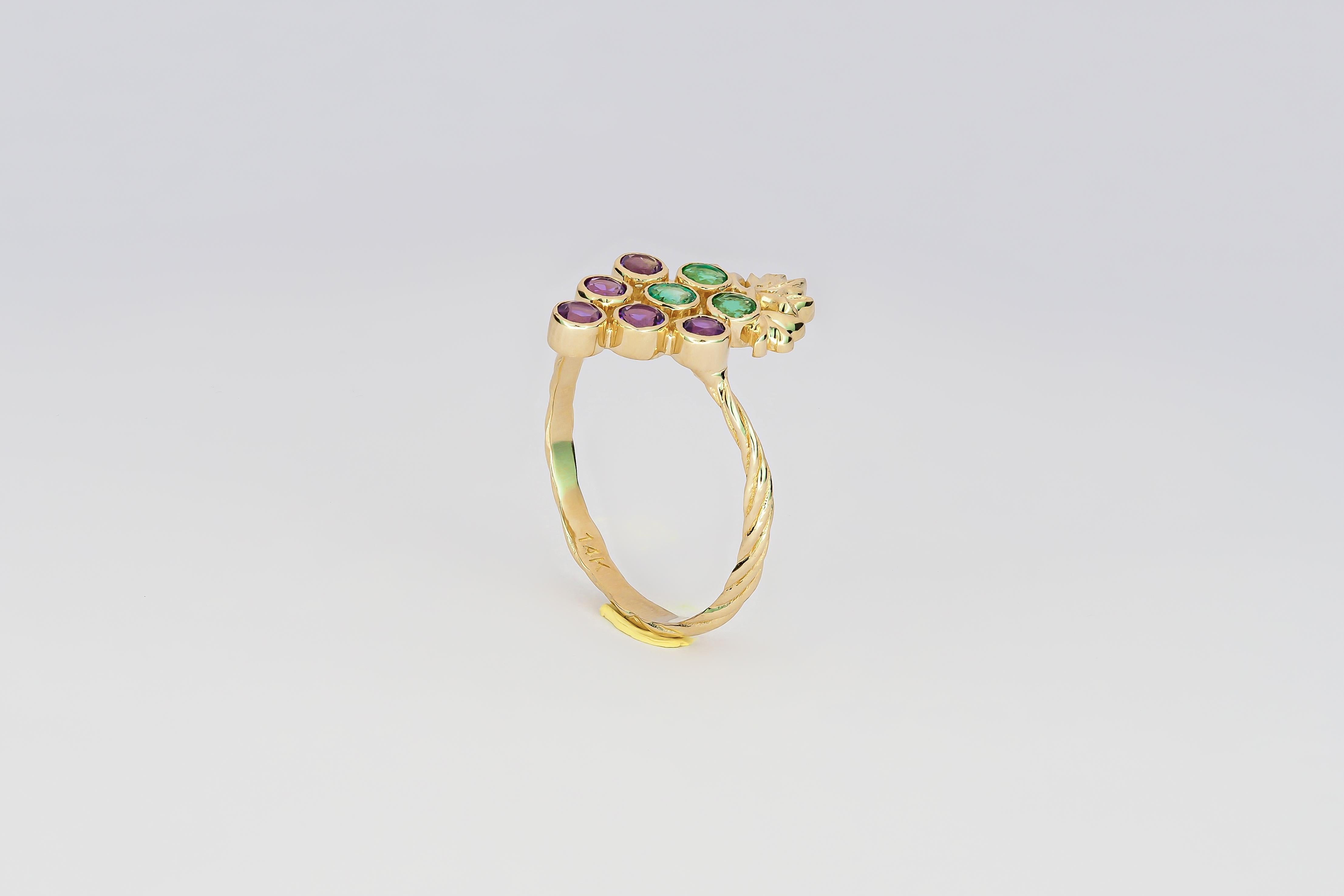 For Sale:  14k Gold Ring with Natural Emeralds and Amethysts. Grape gold ring. 8