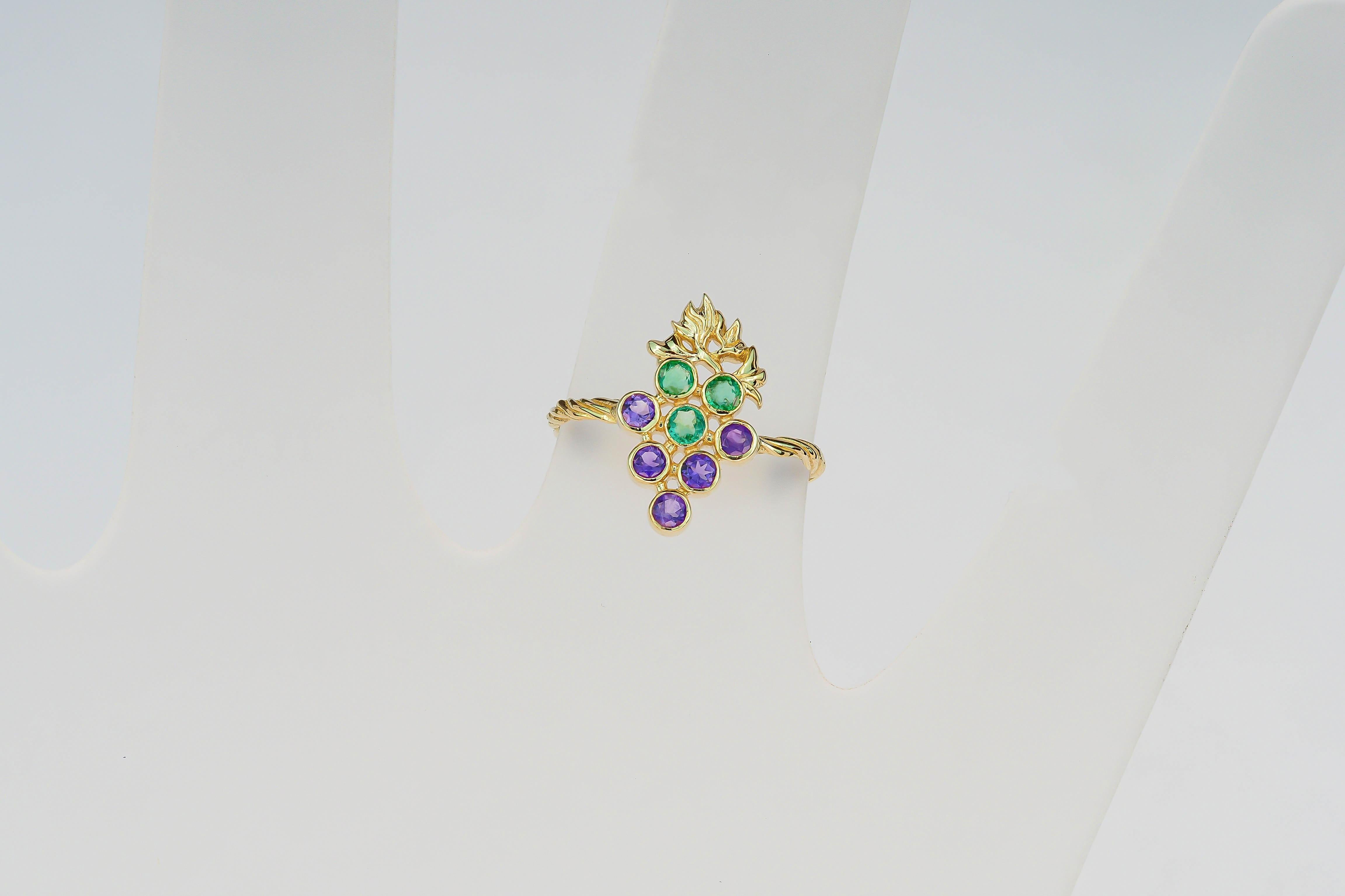 For Sale:  14k Gold Ring with Natural Emeralds and Amethysts. Grape gold ring. 9