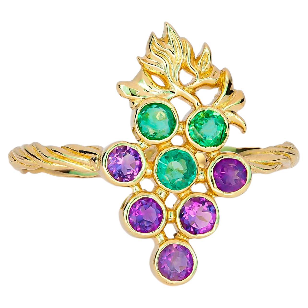 For Sale:  14k Gold Ring with Natural Emeralds and Amethysts. Grape gold ring.