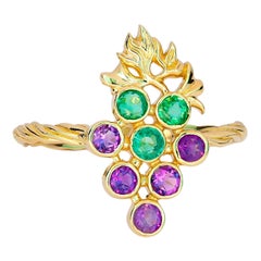 14k Gold Ring with Natural Emeralds and Amethysts, Grape Gold Ring