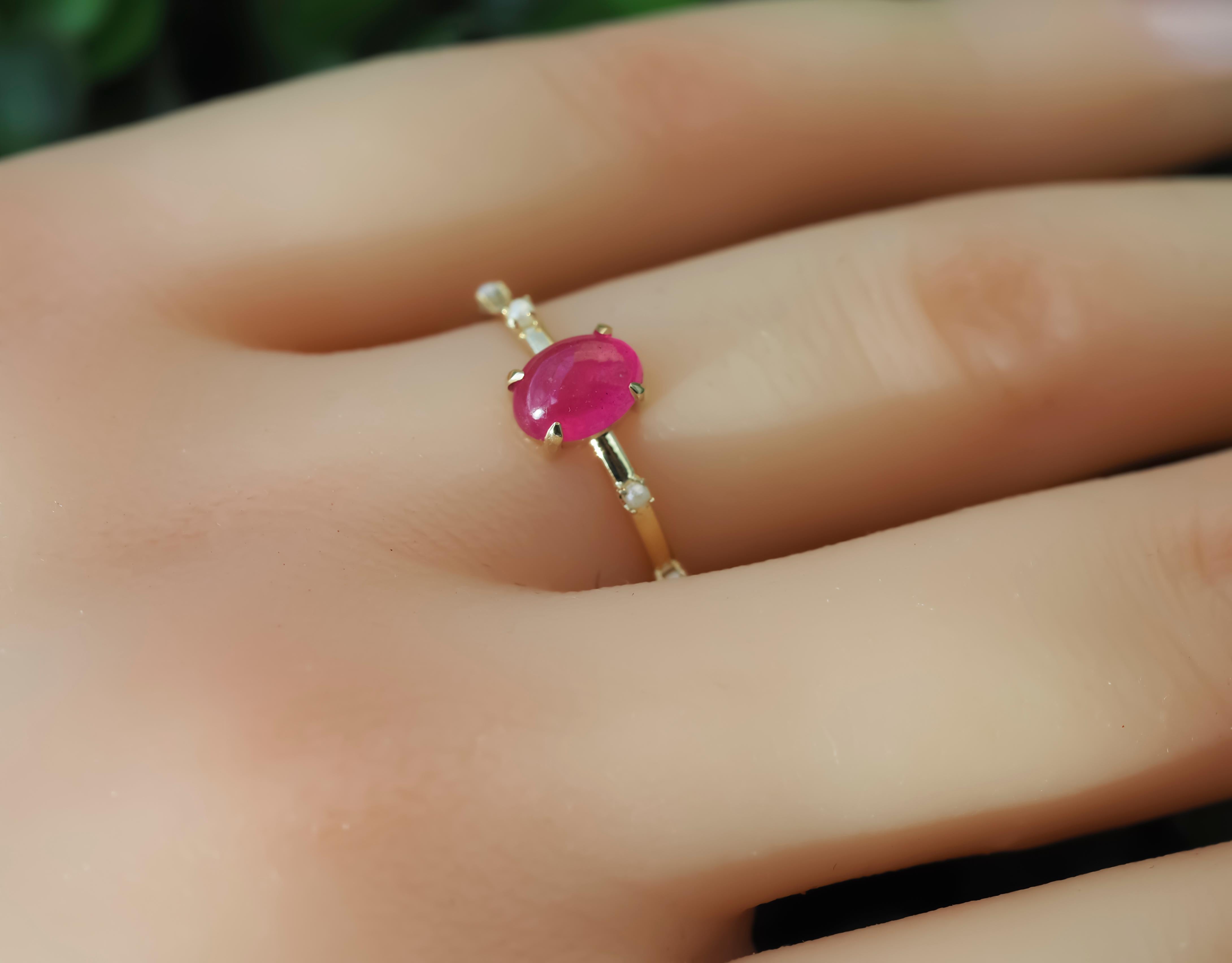 Cabochon Rubin,  Perlen 14k Gold Ring () 11
