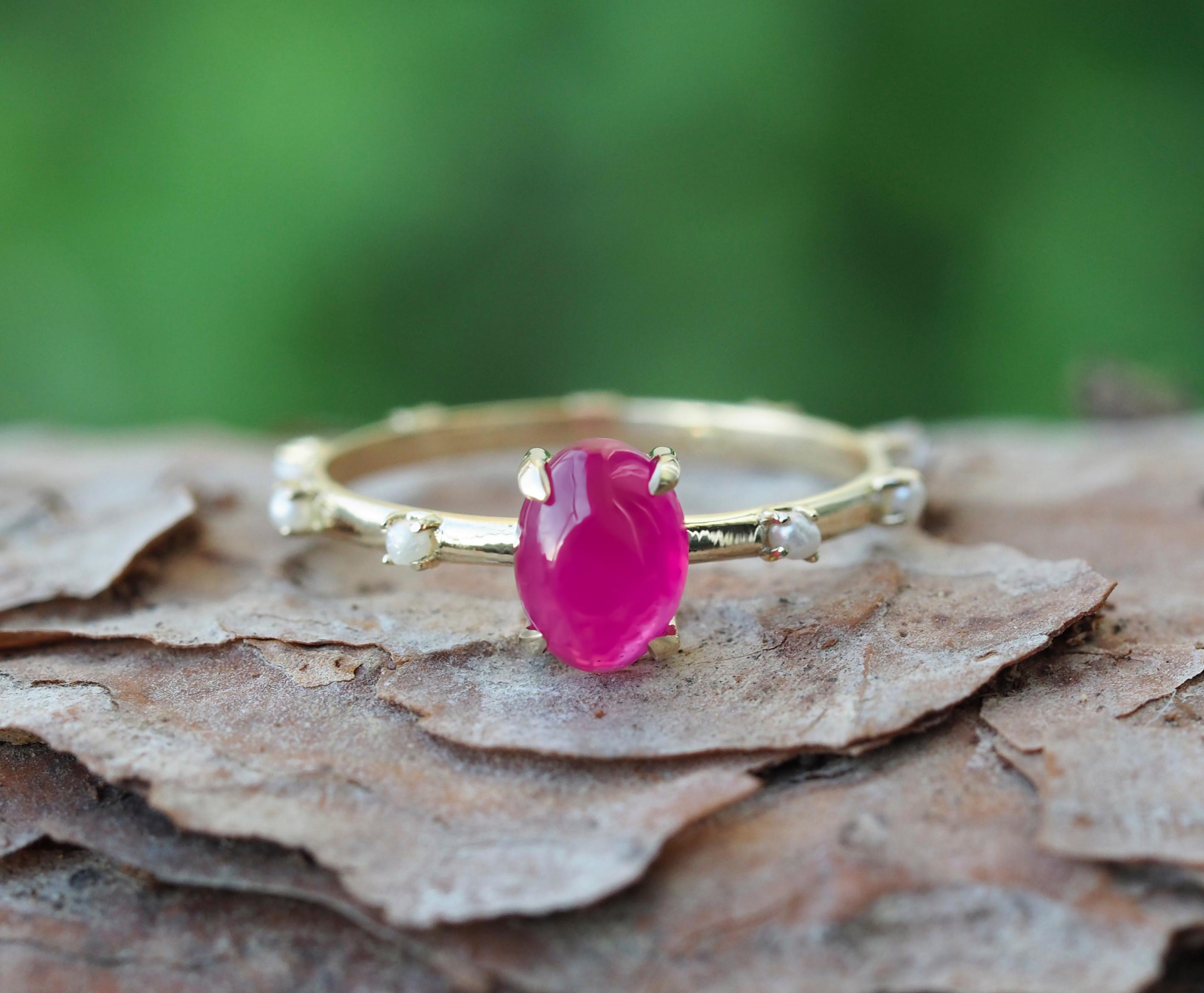 Cabochon Rubin,  Perlen 14k Gold Ring () 12