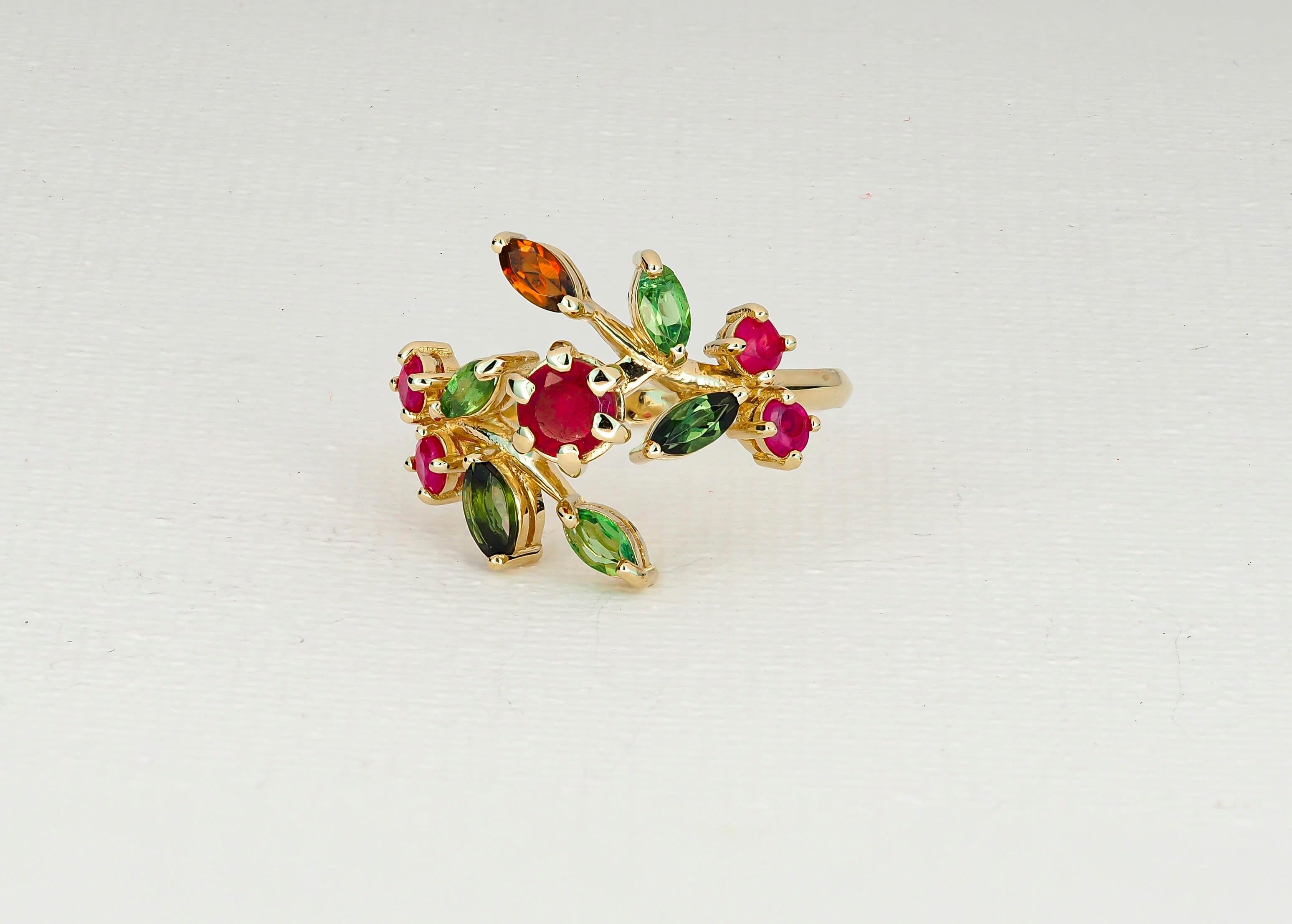 For Sale:  Natural Ruby, Tourmalines and Sapphires 14k gold ring. Ruby gold ring! 8