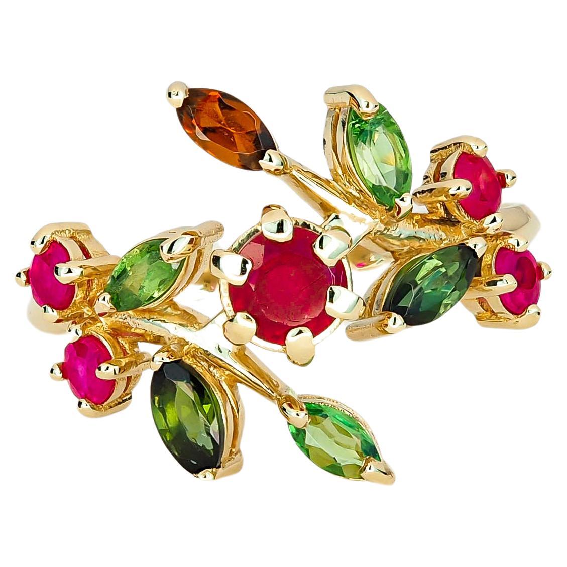 Natural Ruby, Tourmalines and Sapphires 14k gold ring. Ruby gold ring.