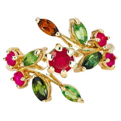 Natural Ruby, Tourmalines and Sapphires 14k gold ring. Ruby gold ring!