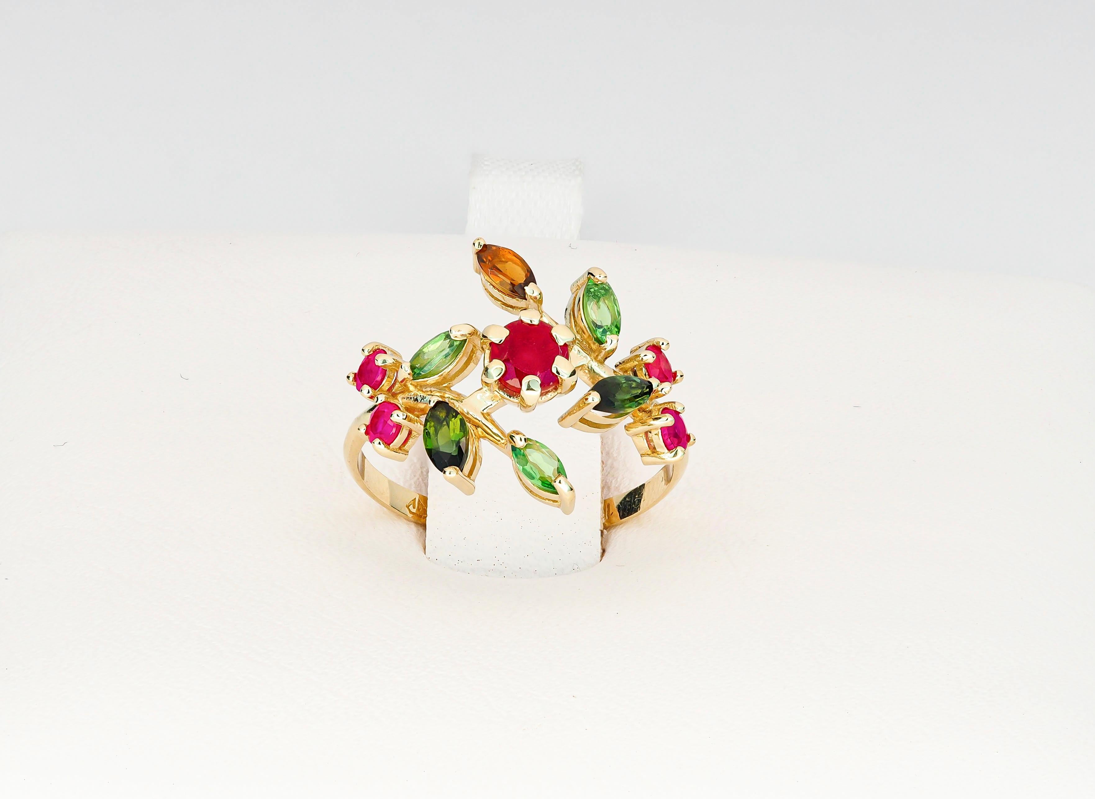 14k Gold Ring with Natural Ruby, Tourmalines and Sapphires, July Birthstone Ring 1