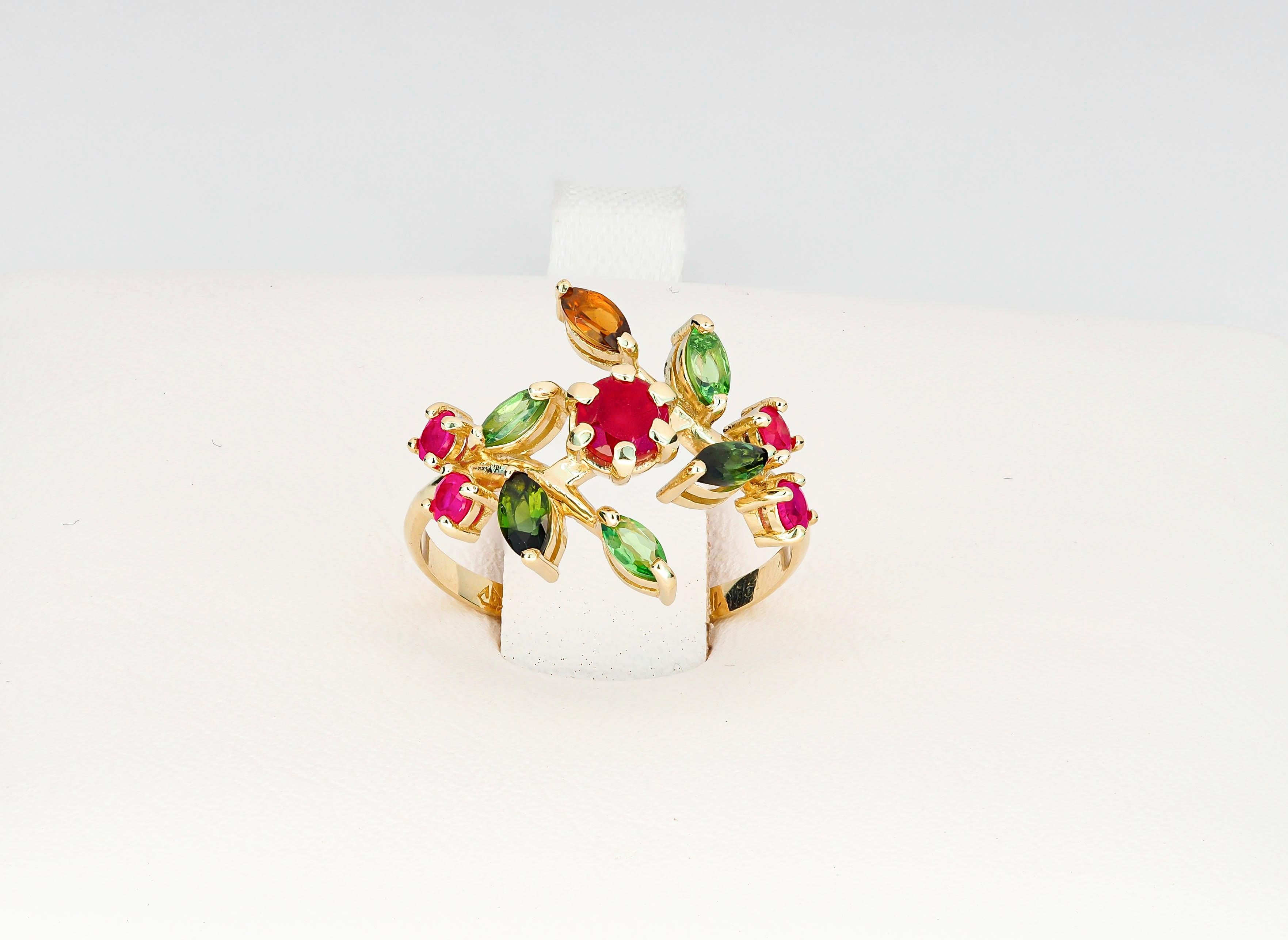 14k Gold Ring mit natürlichem Rubin, Turmalinen und Saphiren, Juli Geburtsstein Ring 4