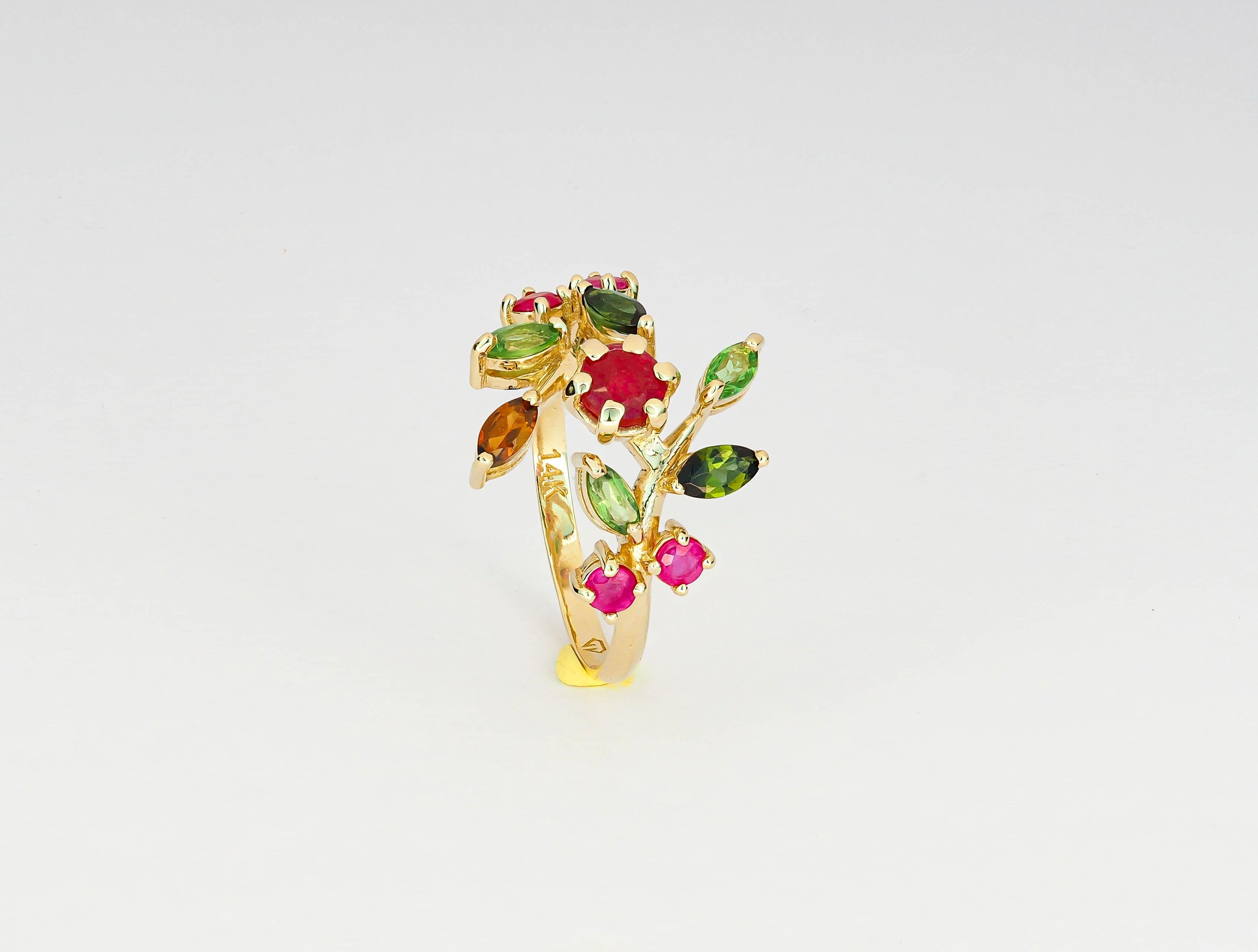 14k Gold Ring with Natural Ruby, Tourmalines and Sapphires, July Birthstone Ring 2