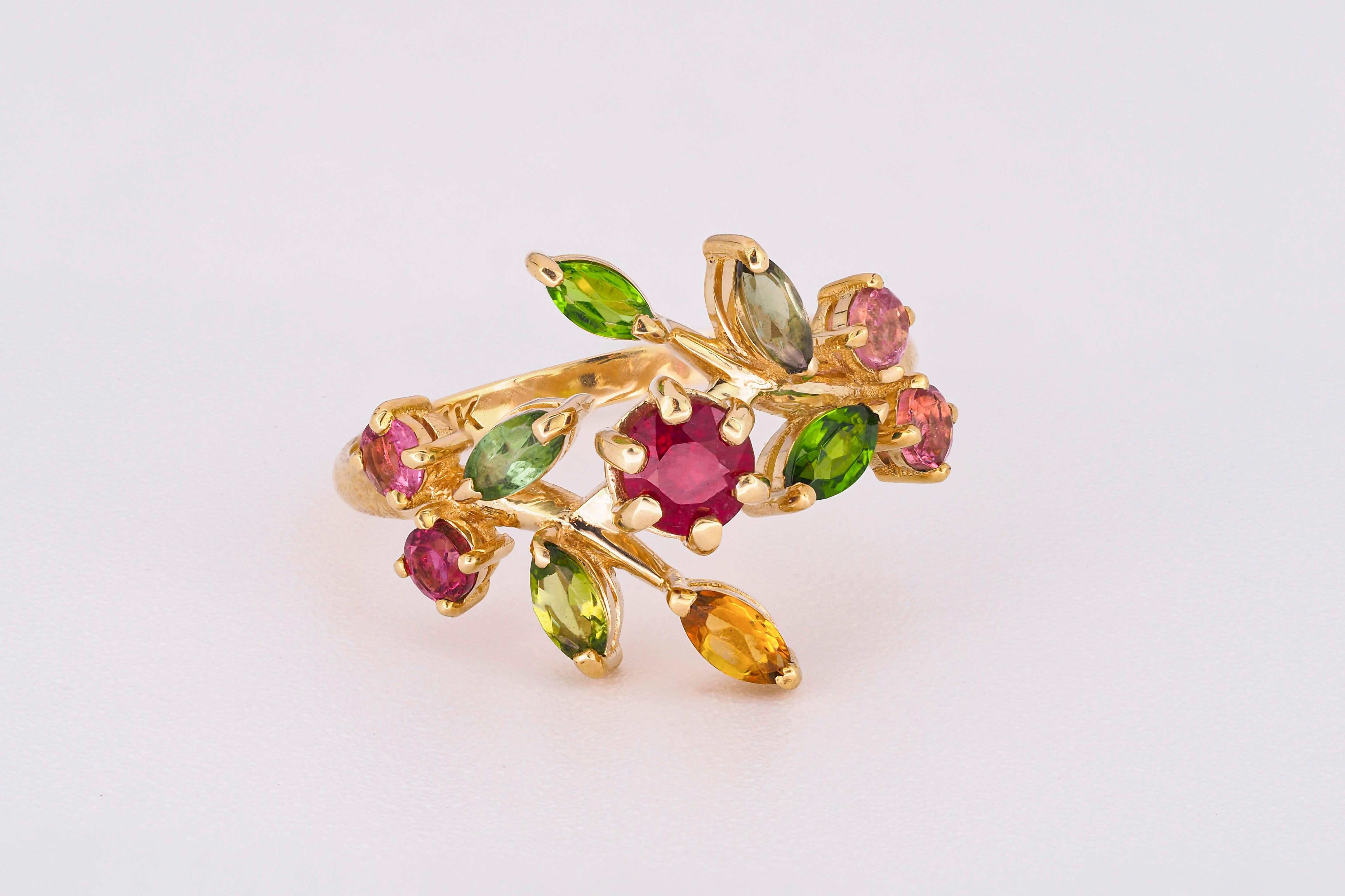 14k Gold Ring mit natürlichem Rubin, Turmalinen und Saphiren, Juli Geburtsstein Ring (Moderne)
