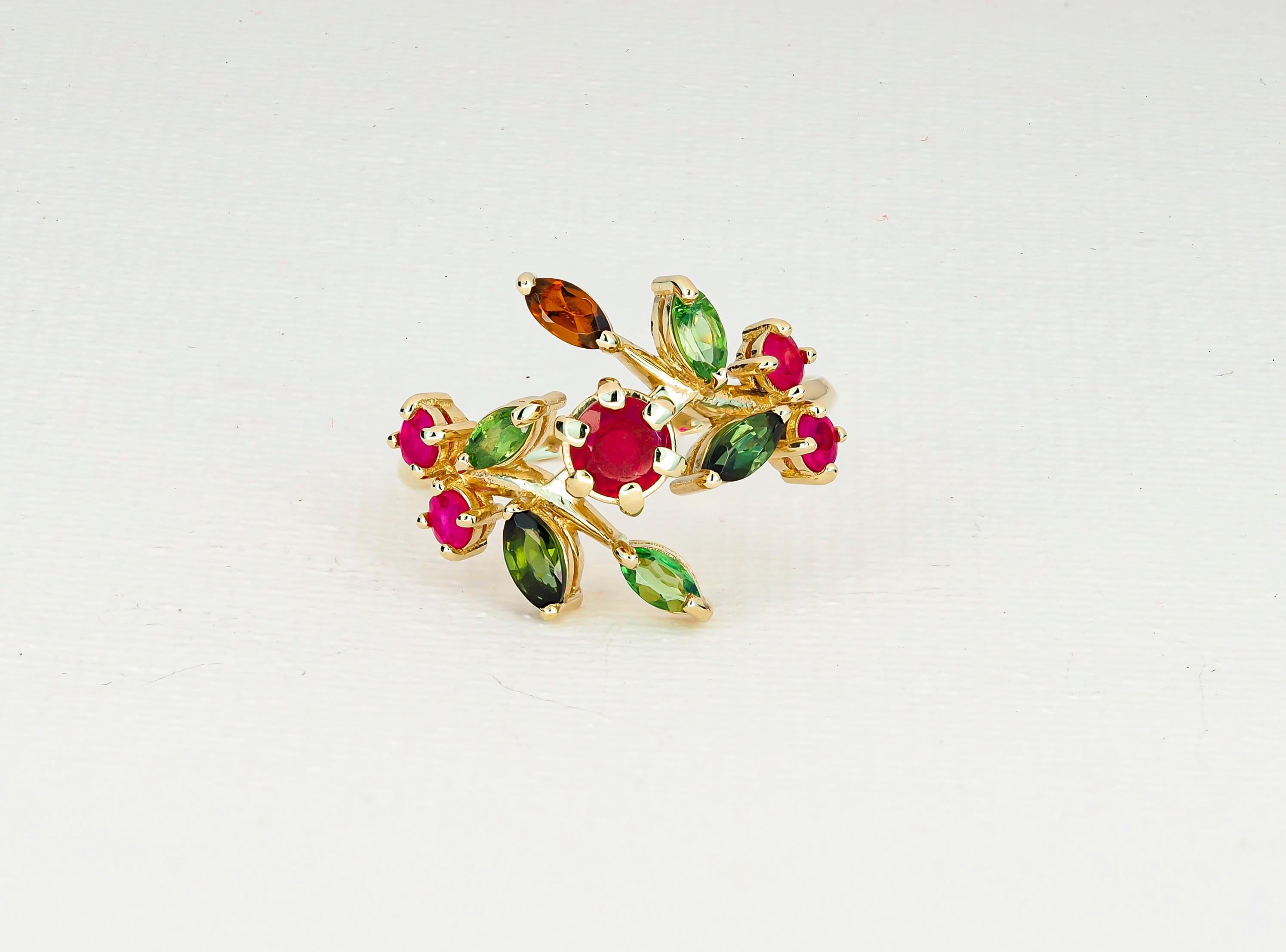 Modern 14k Gold Ring with Natural Ruby, Tourmalines and Sapphires, July Birthstone Ring