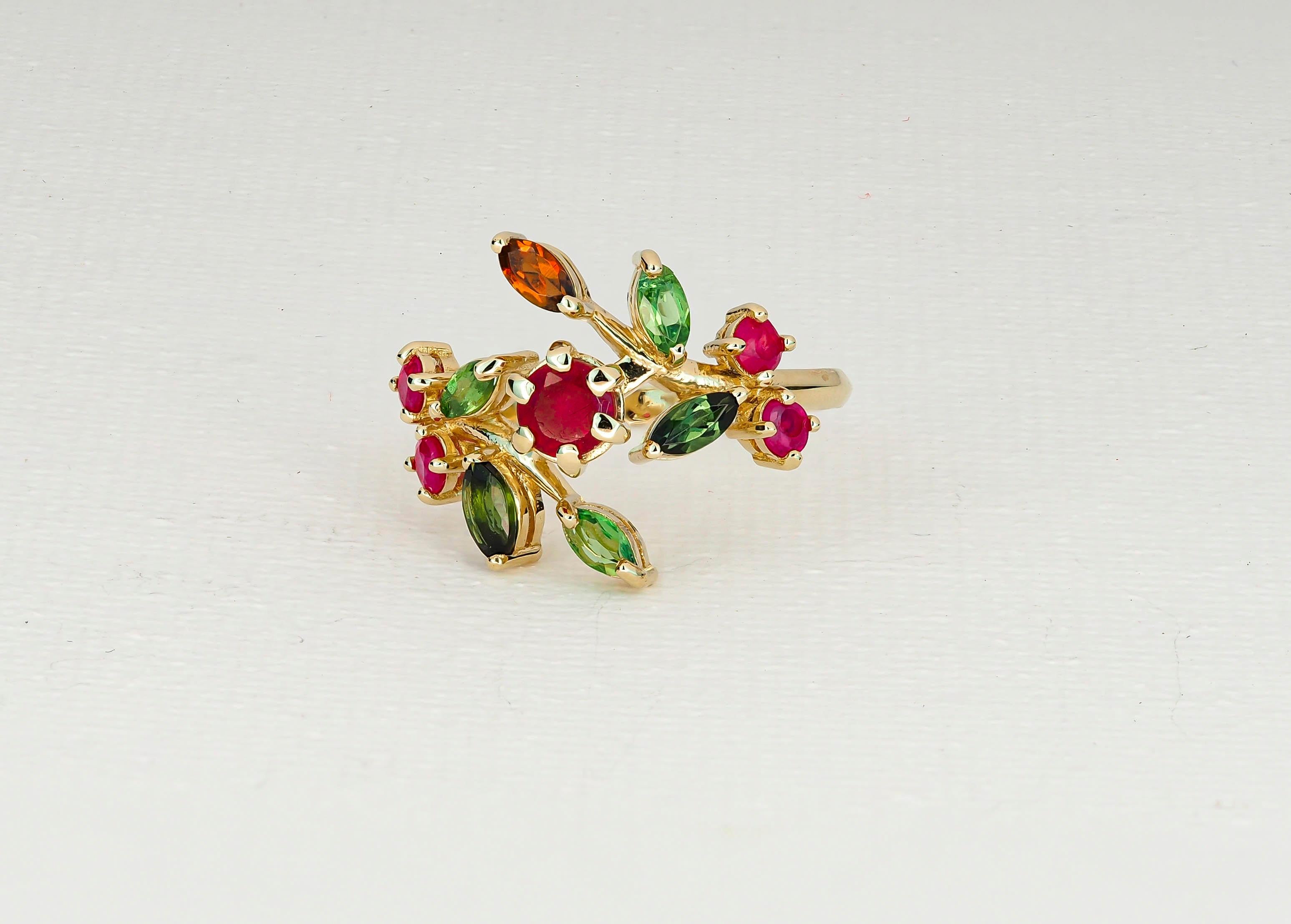 14k Gold Ring mit natürlichem Rubin, Turmalinen und Saphiren, Juli Geburtsstein Ring 1