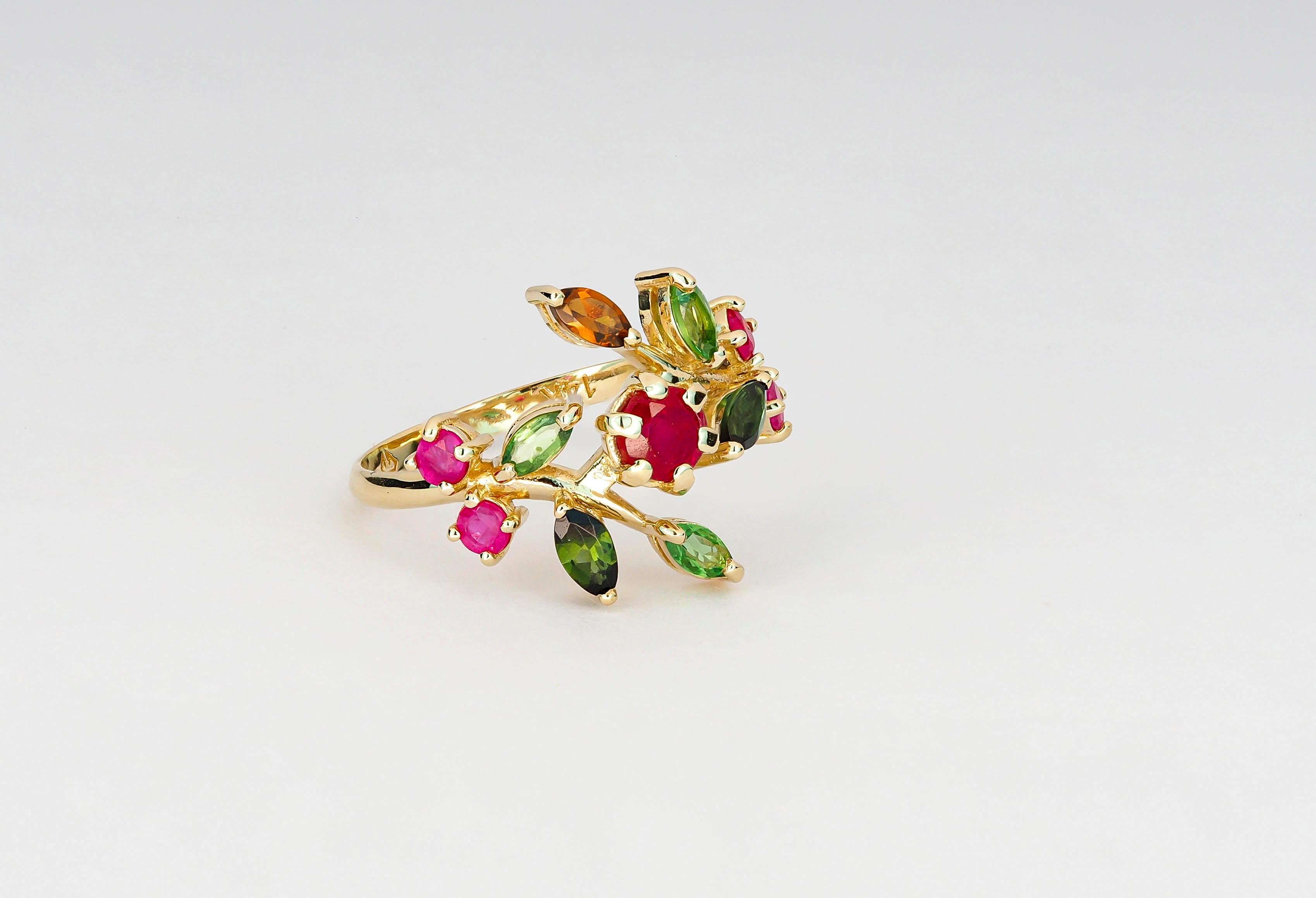 14k Gold Ring with Natural Ruby, Tourmalines and Sapphires, July Birthstone Ring In New Condition In Istanbul, TR