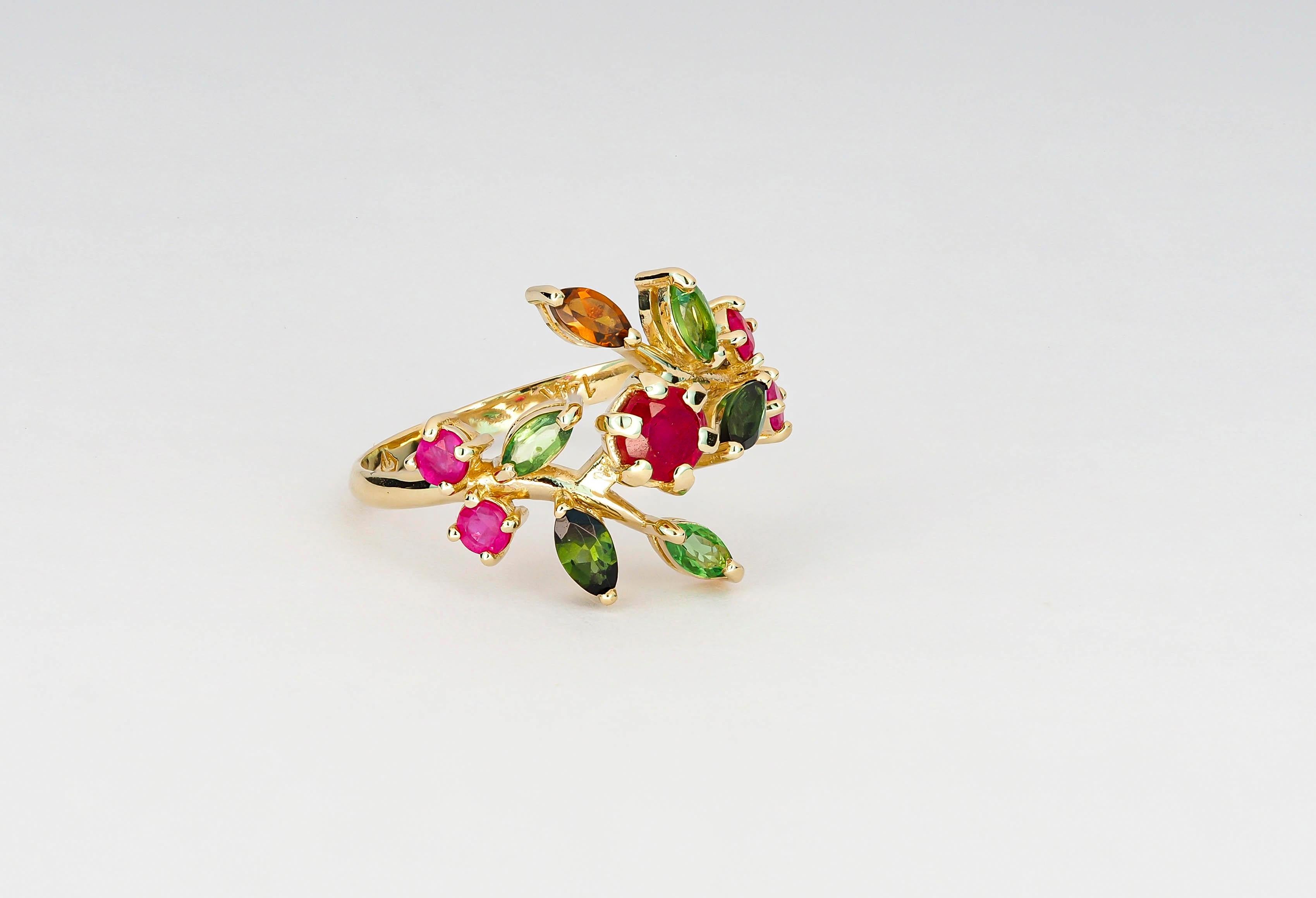 14k Gold Ring mit natürlichem Rubin, Turmalinen und Saphiren, Juli Geburtsstein Ring 2