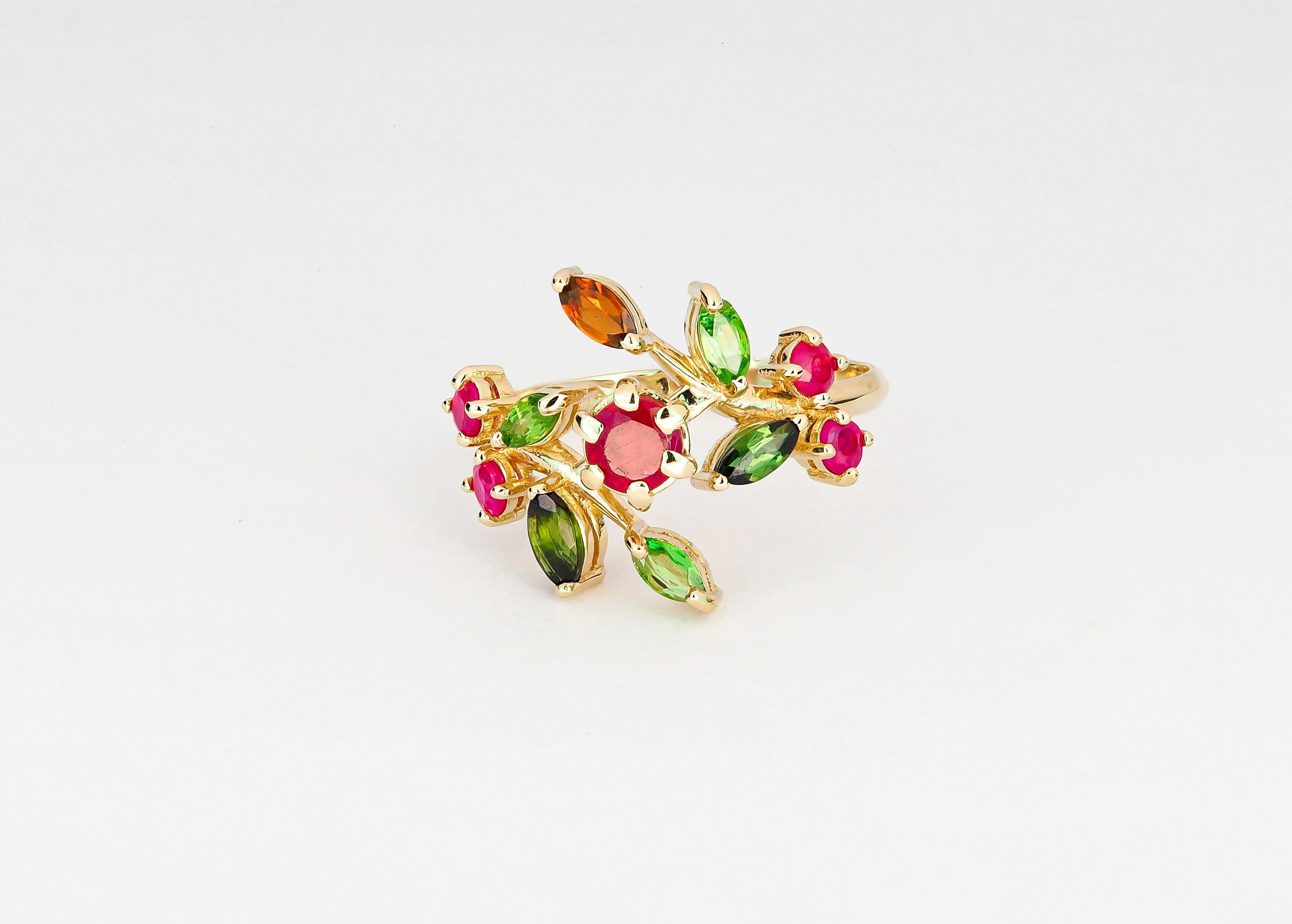 14k Gold Ring mit natürlichem Rubin, Turmalinen und Saphiren, Juli Geburtsstein Ring 3