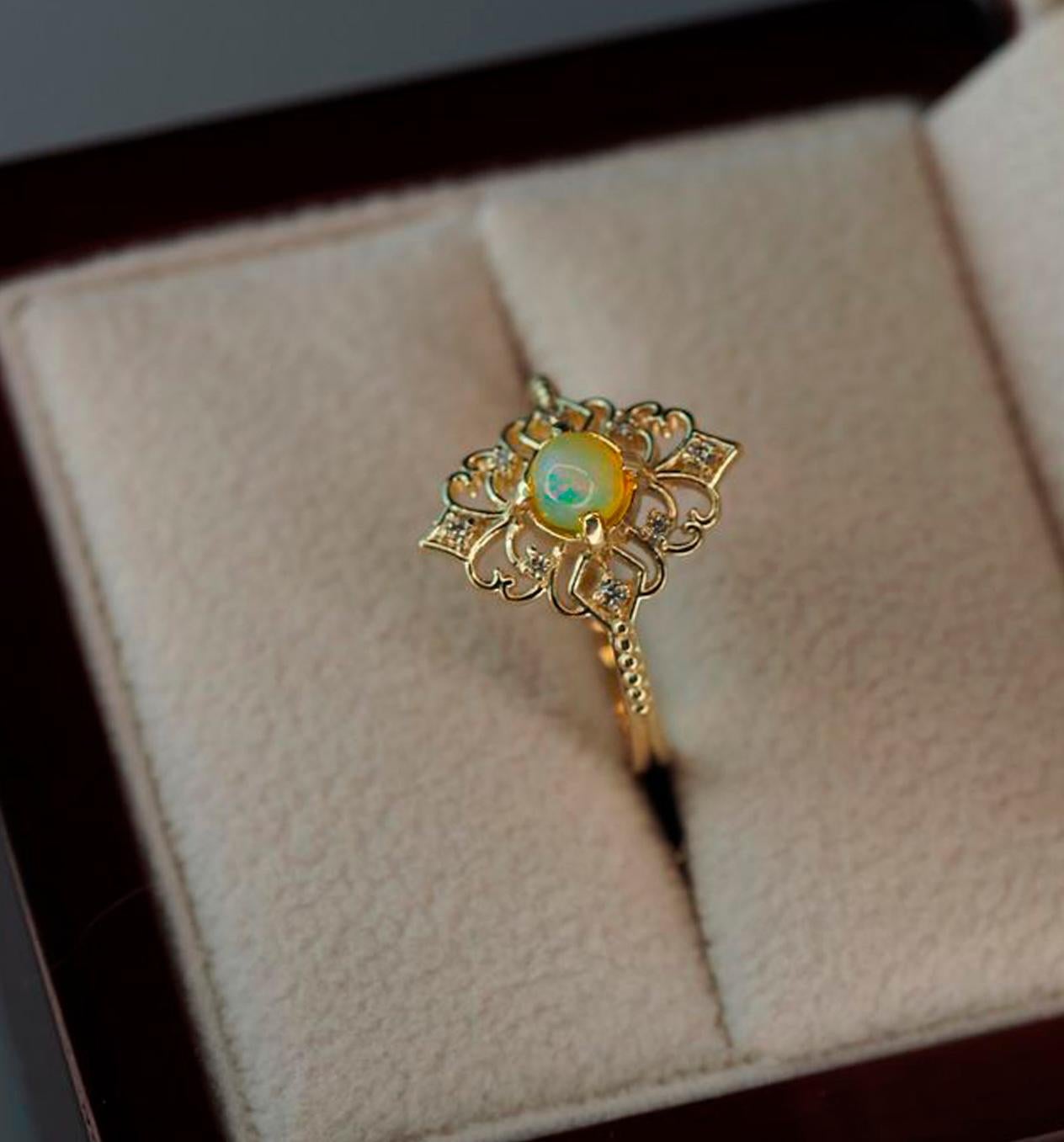For Sale:  14k Gold Ring with Opal and Diamonds 5