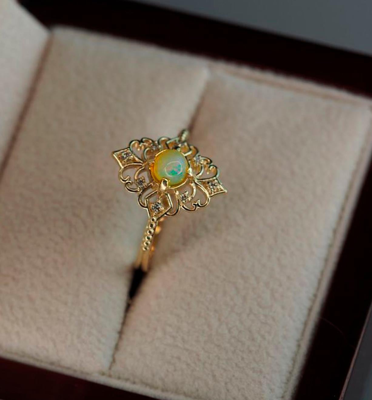 For Sale:  14k Gold Ring with Opal and Diamonds 6