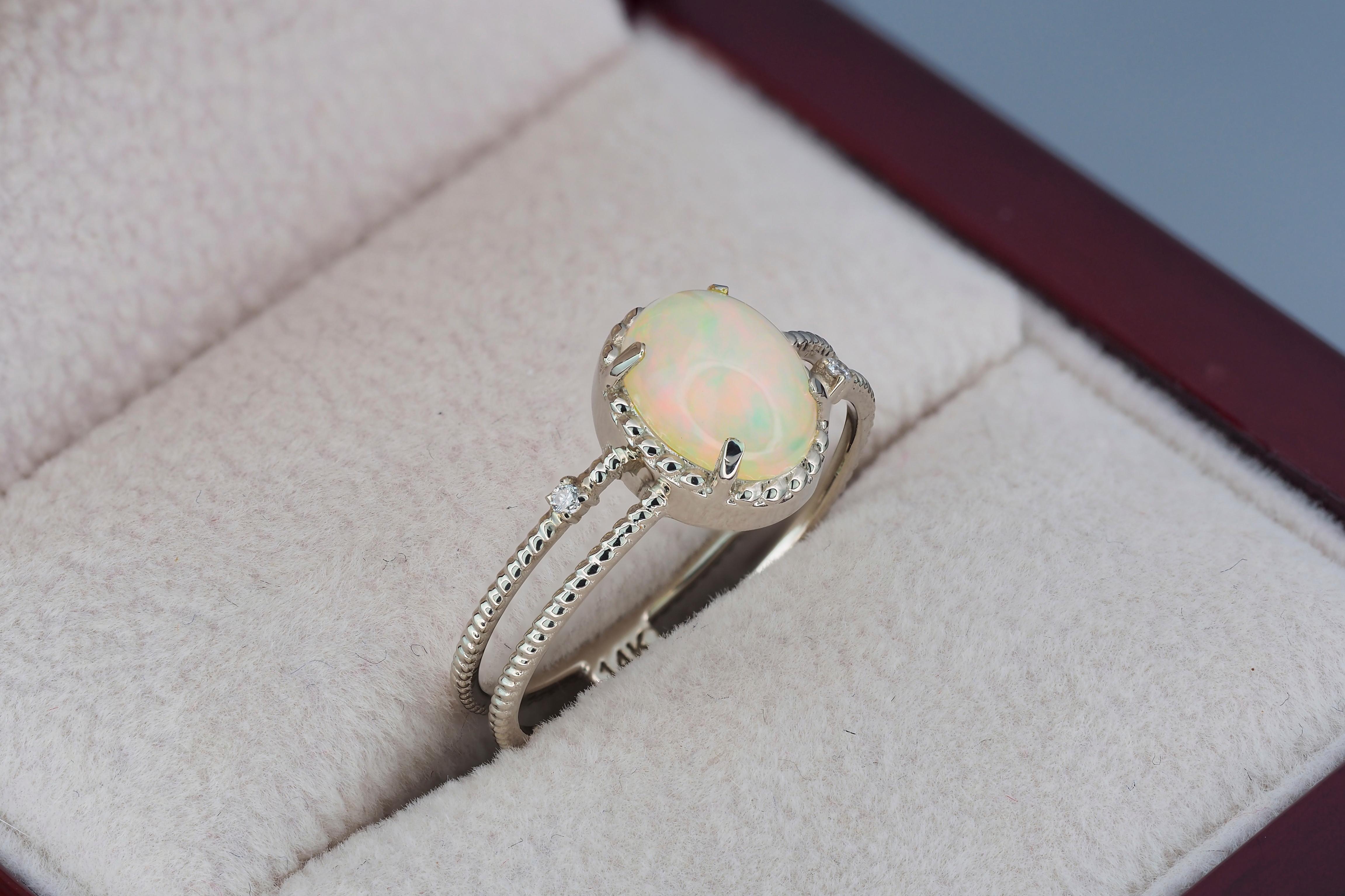 For Sale:  14k Gold Ring with Opal and Diamonds 6