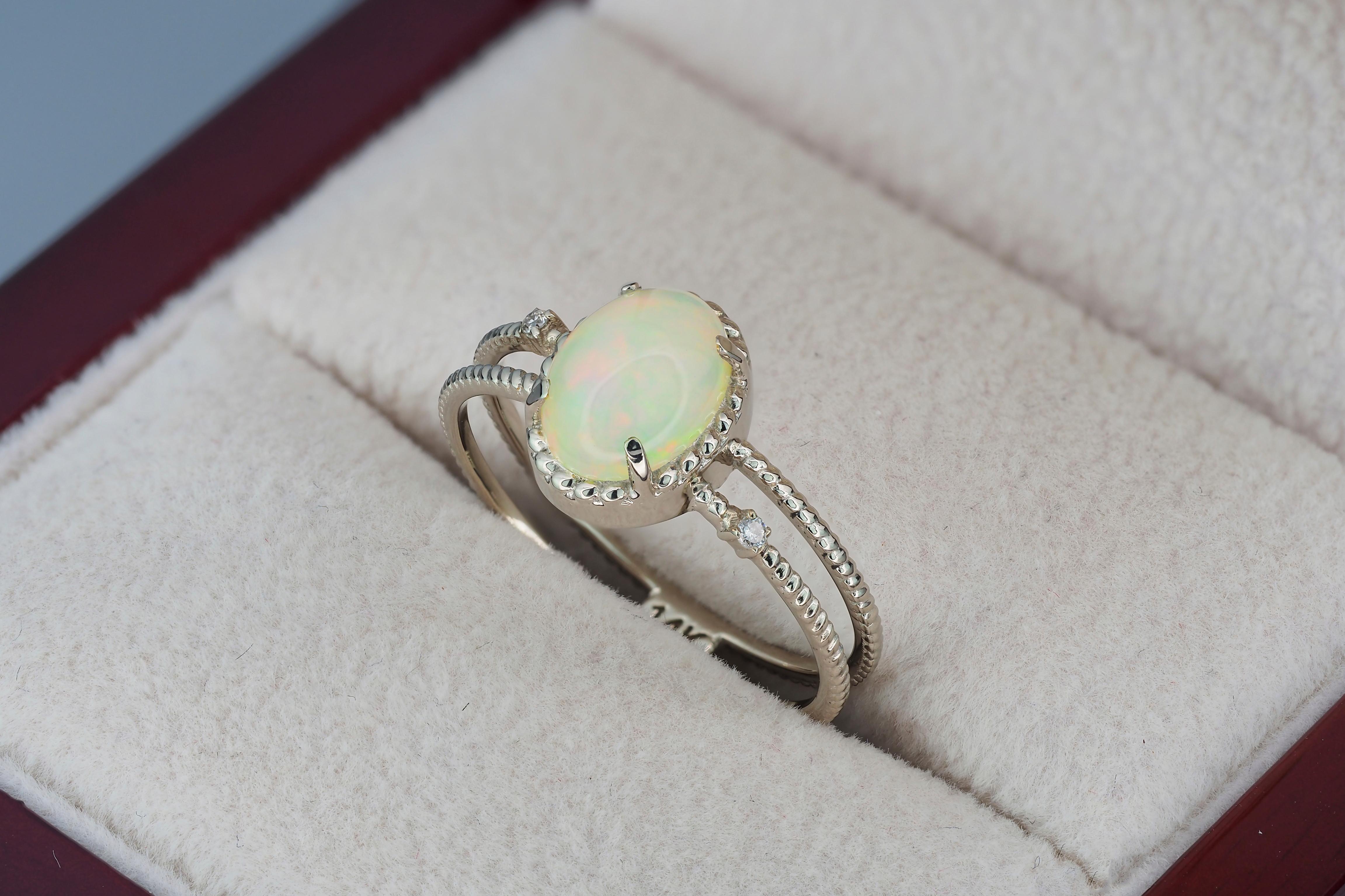 For Sale:  14k Gold Ring with Opal and Diamonds 7