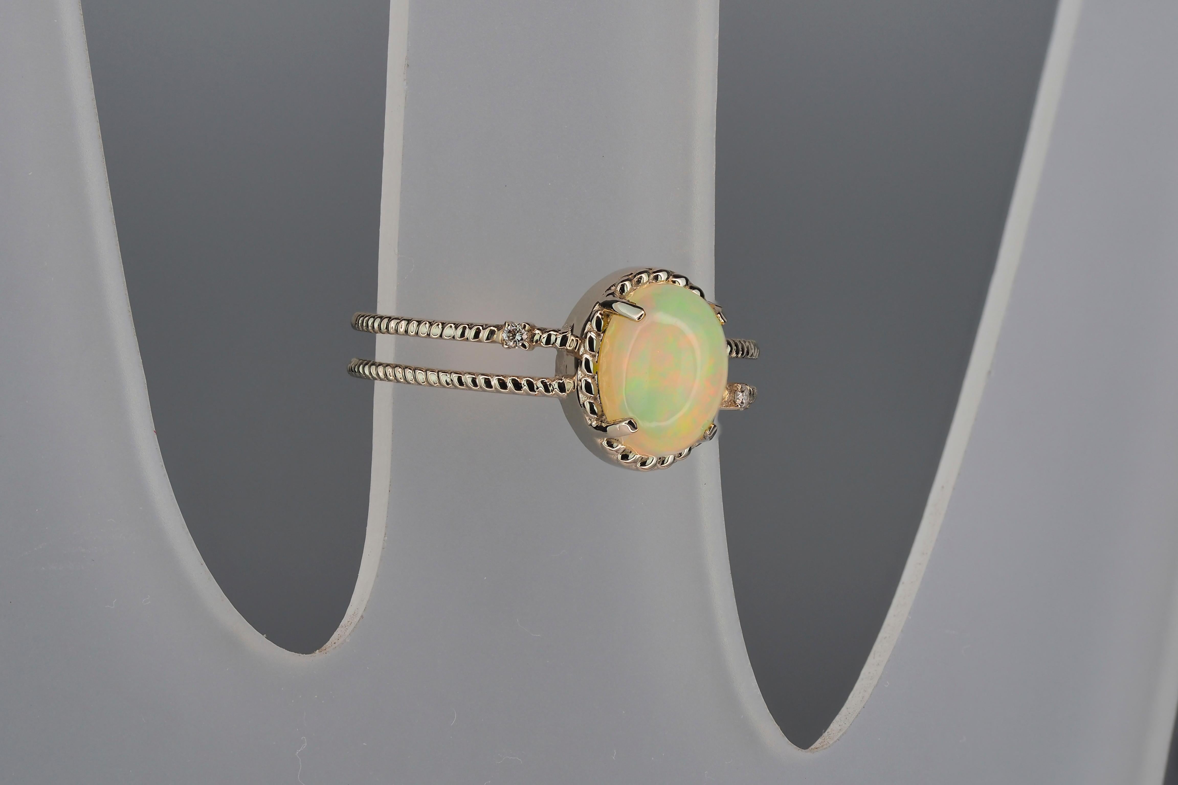For Sale:  14k Gold Ring with Opal and Diamonds 8
