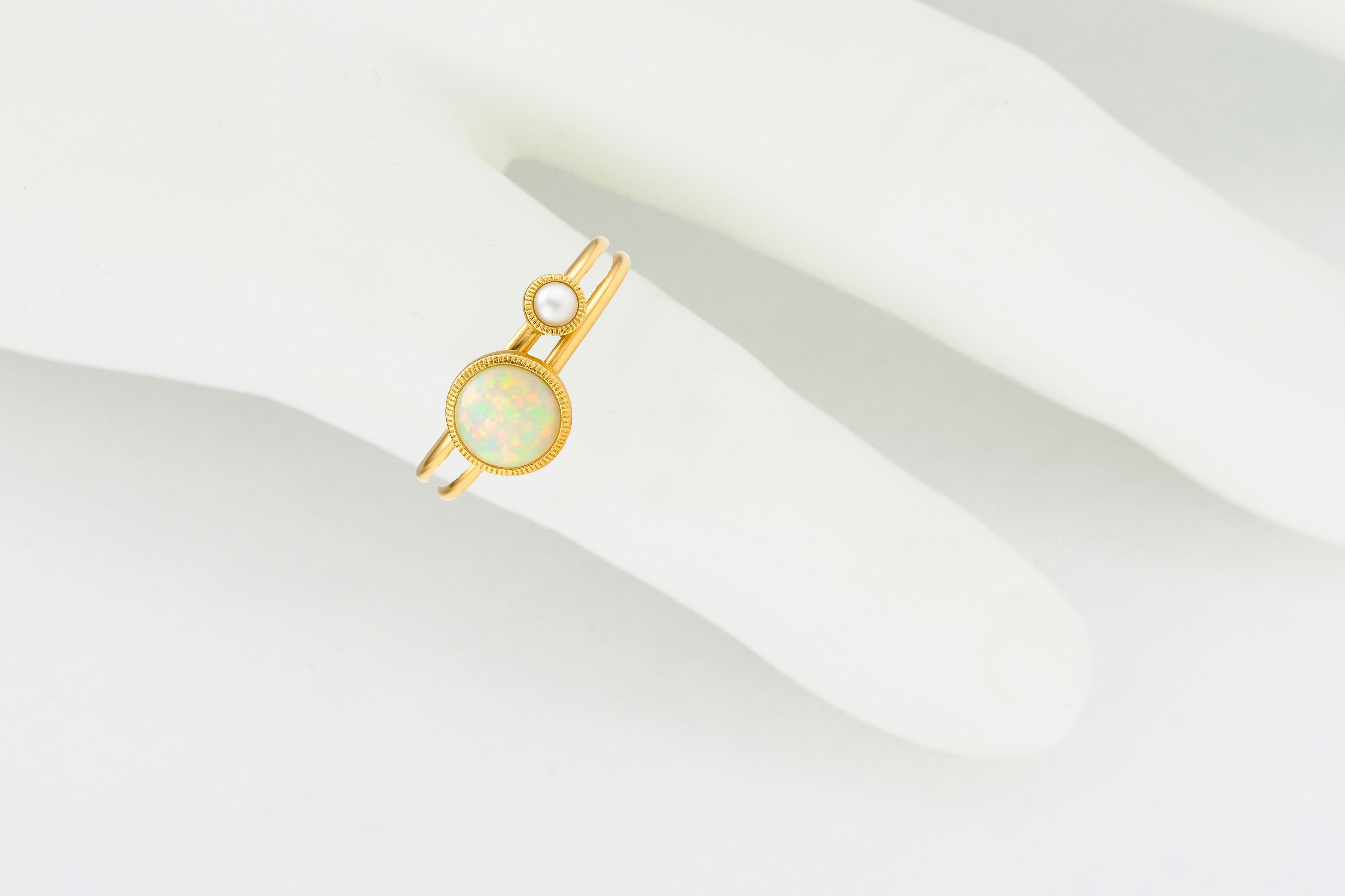 Im Angebot: 14k Goldring mit Opal-Cabochon und Perle () 2