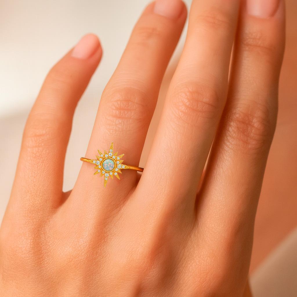 En vente :  Bague en or 14k avec cabochon d'opale. Bague en opale en forme d'étoile 5