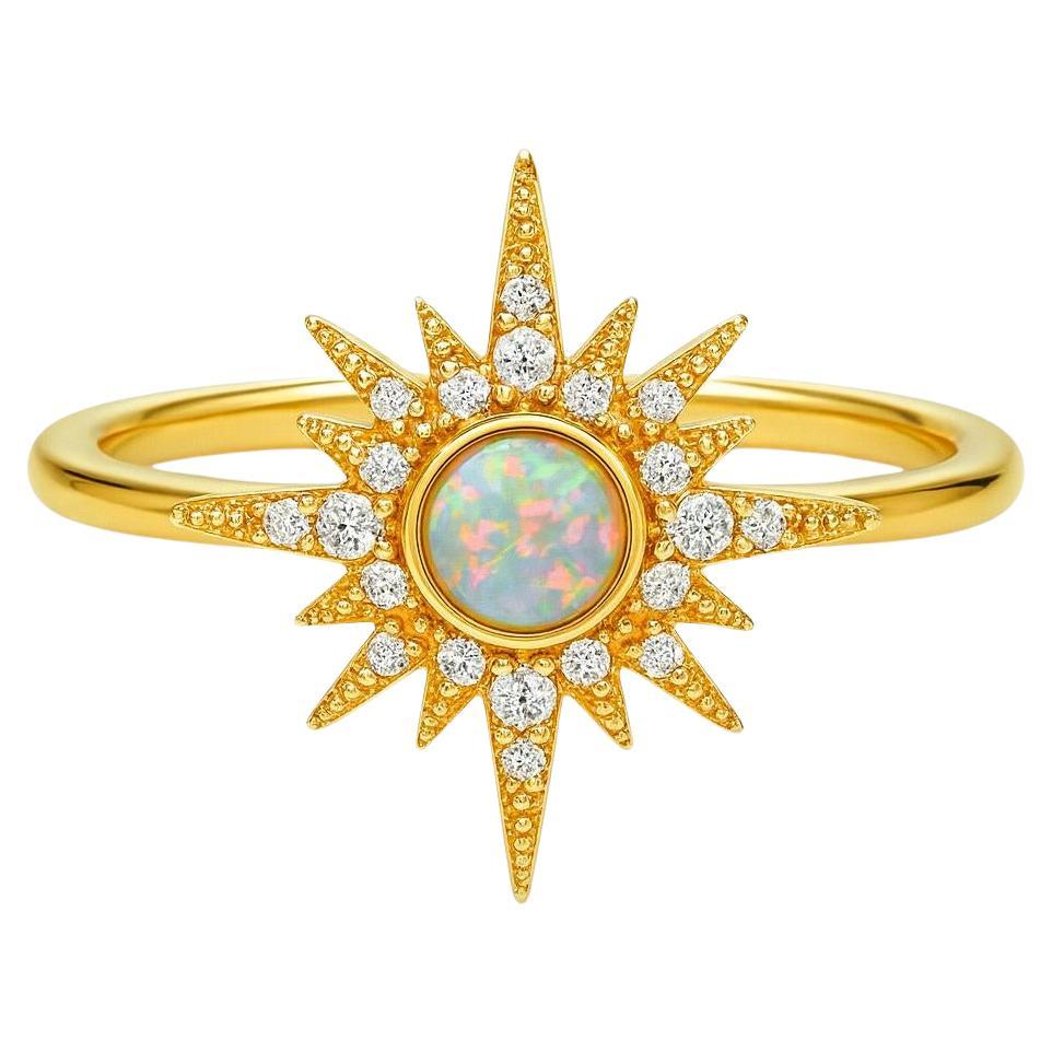 Anillo de oro de 14k con cabujón de ópalo. Anillo de Ópalo Estallado