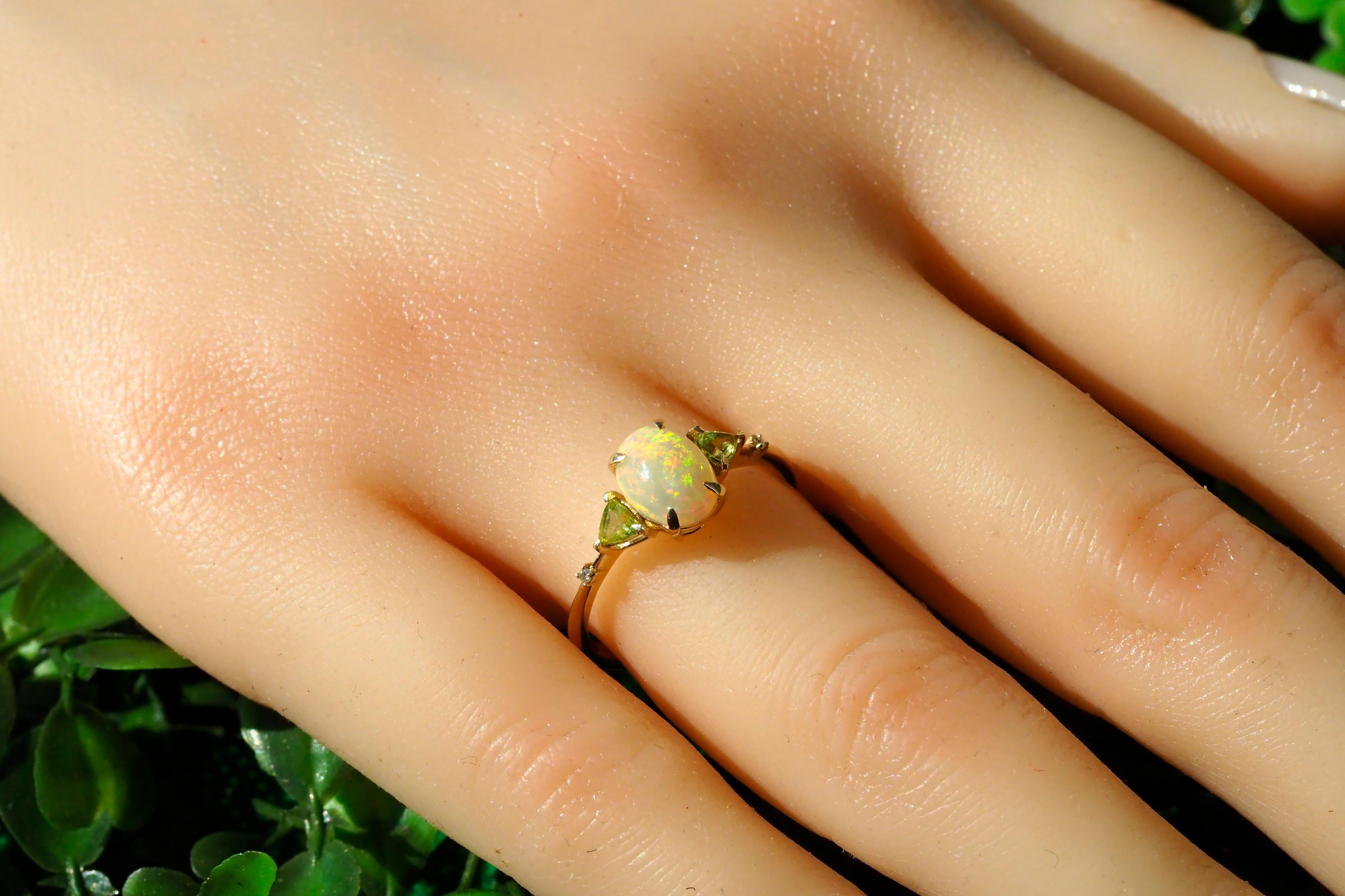 For Sale:  14k Gold Ring with Opal, Diamonds and Peridots 13